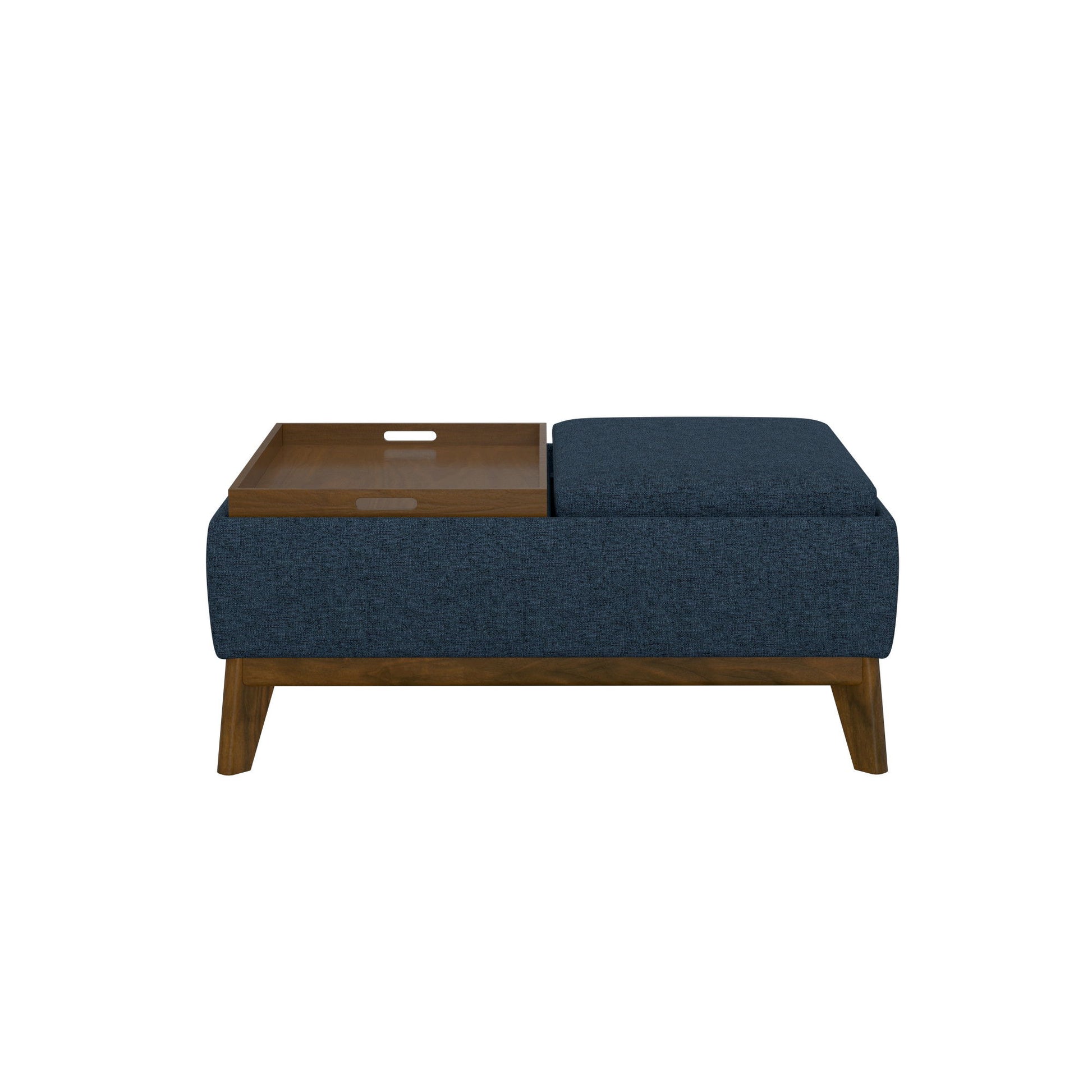 The Varia - Reversible Tray Ottoman in blue features wooden legs, a cushioned seat on one side, and a removable wooden tray on the other, all set against a white background.