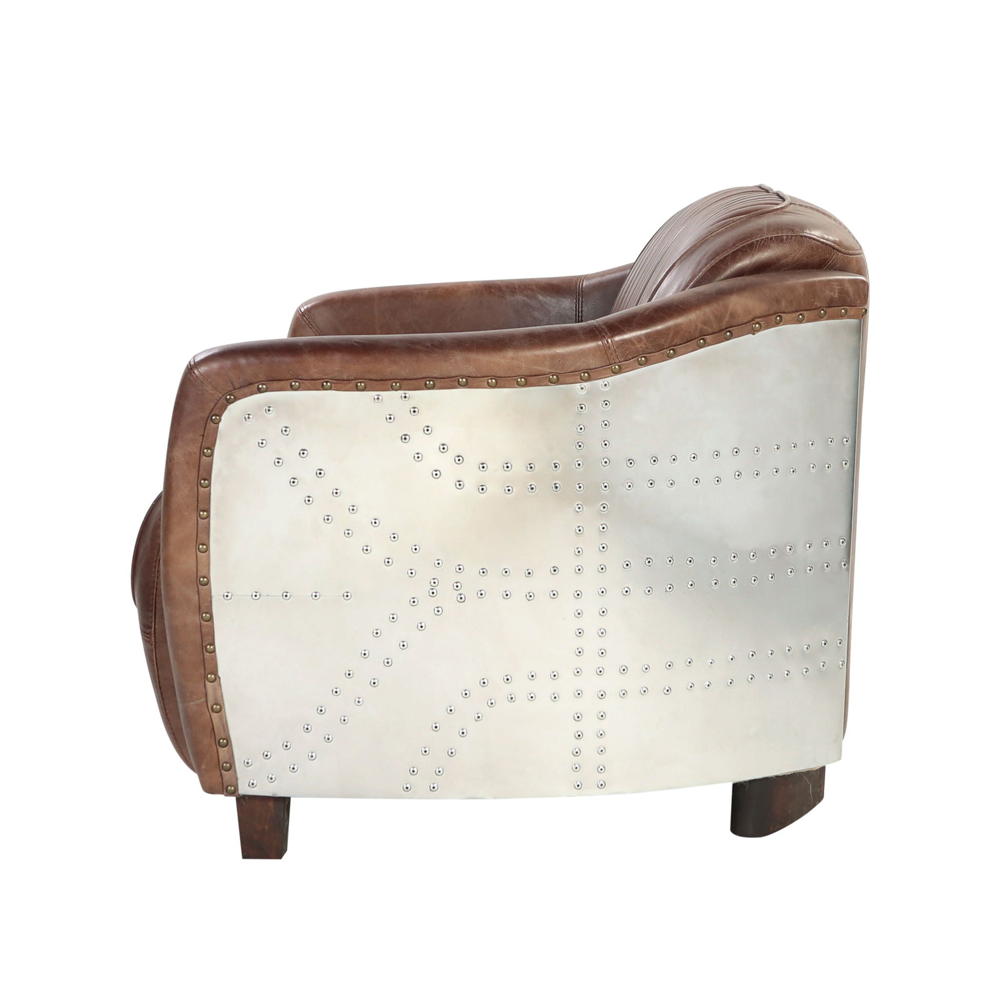 The Brancaster Grain Leather Loveseat in brown features a curved back and sides with metallic panels accented by evenly spaced rivets for an industrial, vintage look. It rests on dark wooden legs and is shown against a white background.