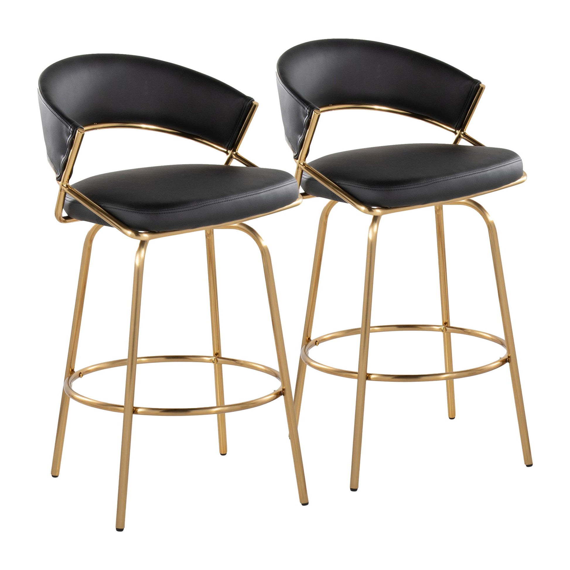 The Jie - Glam Fixed Height Counter Stool (Set of 2) features modern black cushioned seats and backs, gold metal frames and legs, curved open-back designs, and circular footrests.