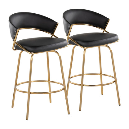 The Jie - Glam Fixed Height Counter Stool (Set of 2) features modern black cushioned seats and backs, gold metal frames and legs, curved open-back designs, and circular footrests.