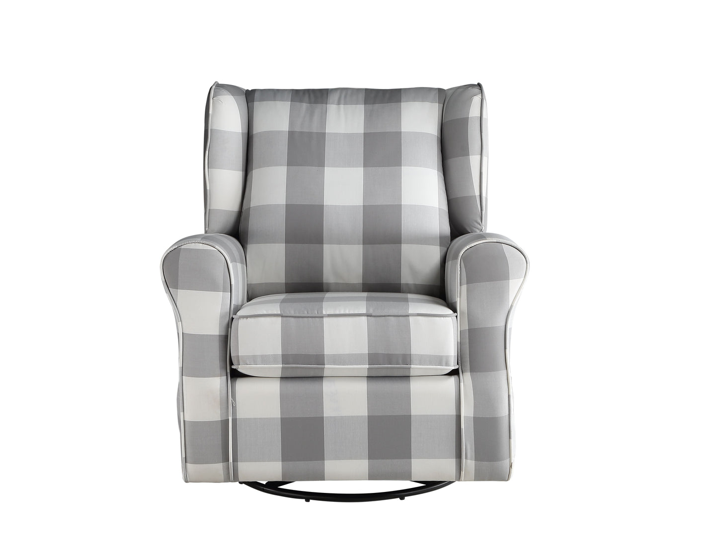 The Couch.com Patli Glider Chair features gray and white fabric upholstery, a cushioned seat, curved armrests, high backrest, and swivel base. Shown from the front against a white background.