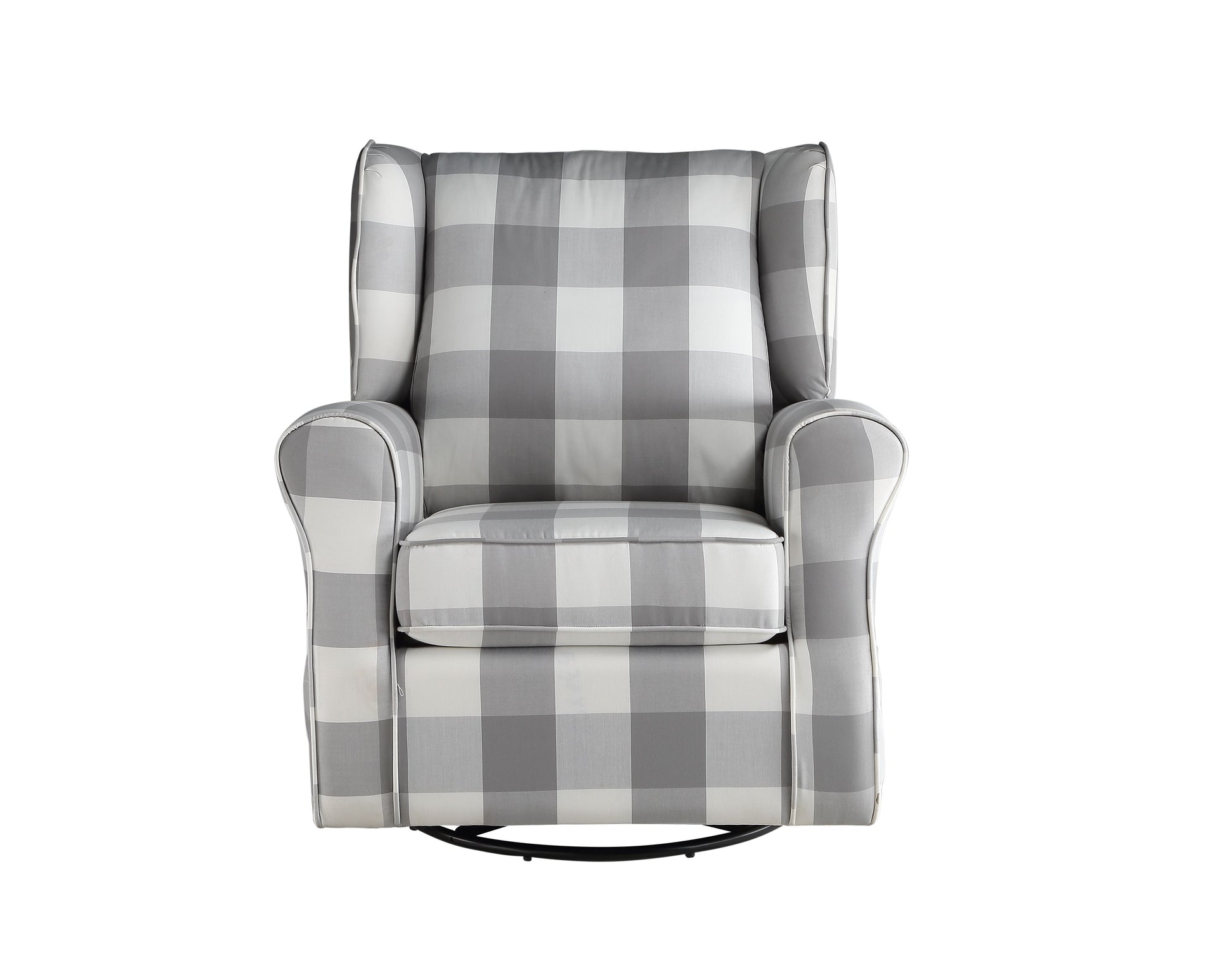The Couch.com Patli Glider Chair features gray and white fabric upholstery, a cushioned seat, curved armrests, high backrest, and swivel base. Shown from the front against a white background.
