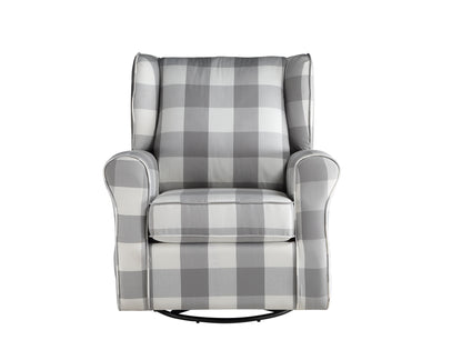The Couch.com Patli Glider Chair features gray and white fabric upholstery, a cushioned seat, curved armrests, high backrest, and swivel base. Shown from the front against a white background.