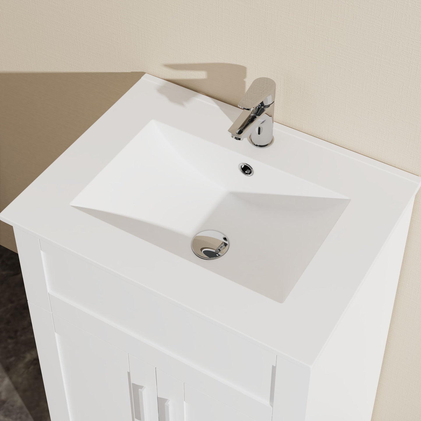 The Sink Bathroom Vanity Laundry Cabinet Combo - White features a modern rectangular design with clean lines, a chrome faucet, and is mounted on a white vanity against a light beige wall for a minimalist look.