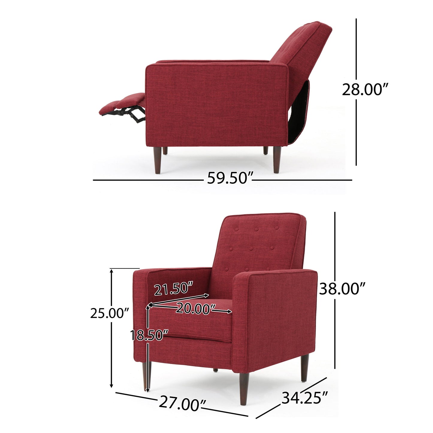 Two views of the Mid-Century Modern Recliner With Button Tufted Waffle Stitch: reclined—59.5" L, 28" H; upright—27" W, 34.25" D, 38" H; seat—18.5" H, 21.5" D, 20" W; arm height—25".