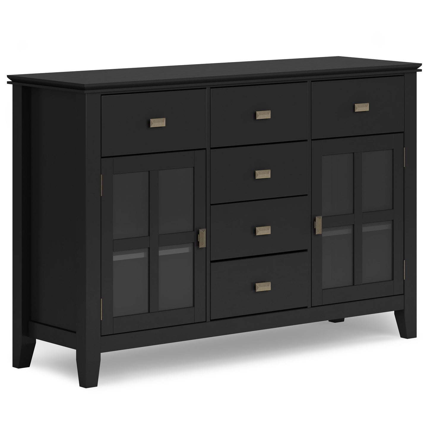 The Artisan - Handcrafted Sideboard Buffet is a black wooden piece with three upper drawers, four central drawers below, two glass-paneled cabinet doors on each side, brass handles, and a modern, sleek design.
