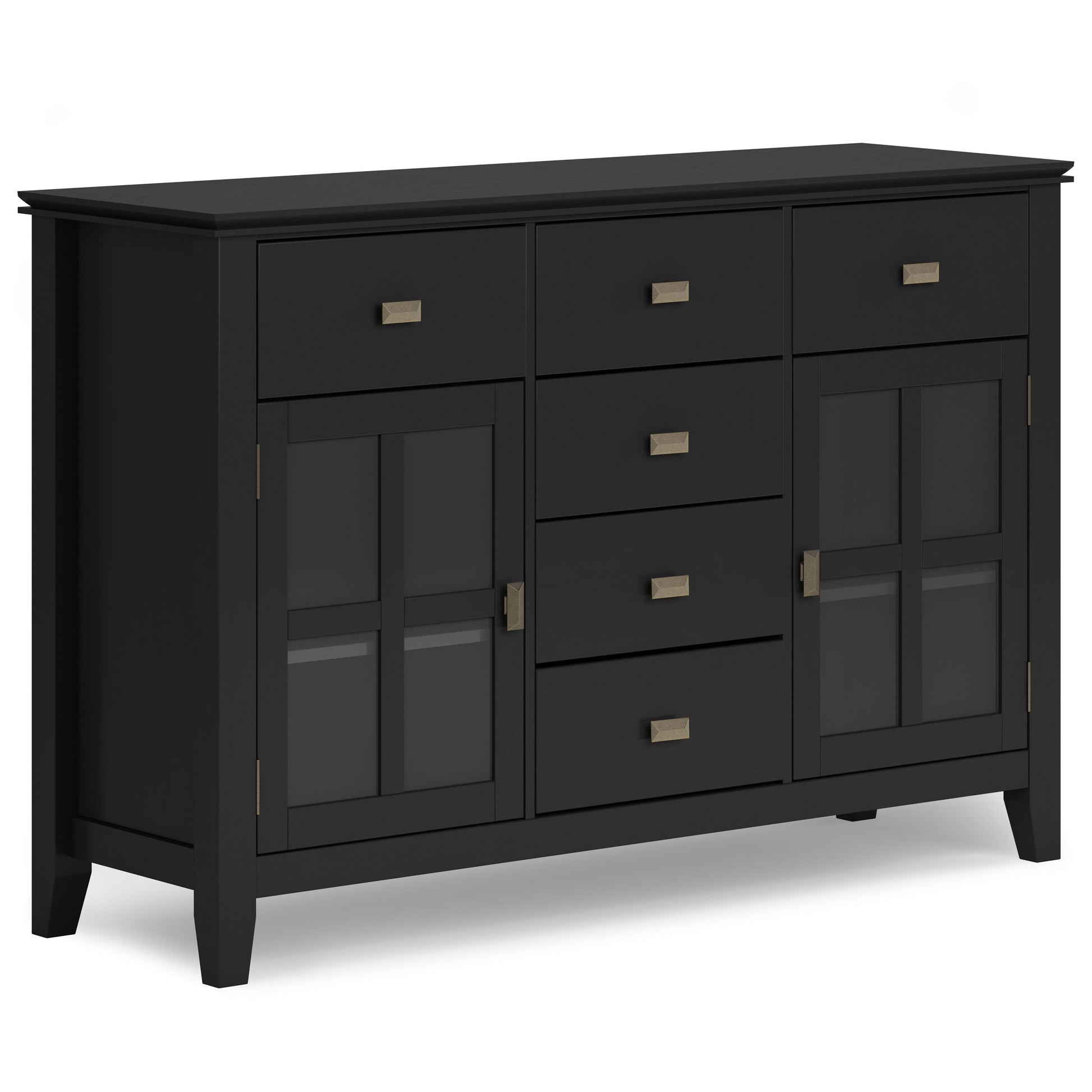 The Artisan - Handcrafted Sideboard Buffet is a black wooden piece with three upper drawers, four central drawers below, two glass-paneled cabinet doors on each side, brass handles, and a modern, sleek design.