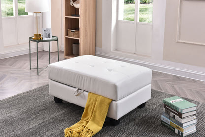 A modern living room with a Stylish Storage Contemporary Ottoman, white and tufted, featuring a yellow blanket draped from its compartment. It sits beside a stack of books on a gray rug, with large windows in the background.