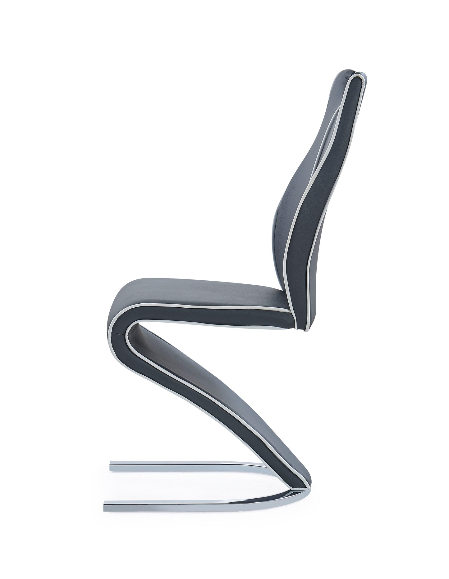 A set of two Couch.com Anne Dining Chairs in dark gray faux leather, featuring a modern, durable design with no armrests and sleek lines, is shown in profile against a white background.