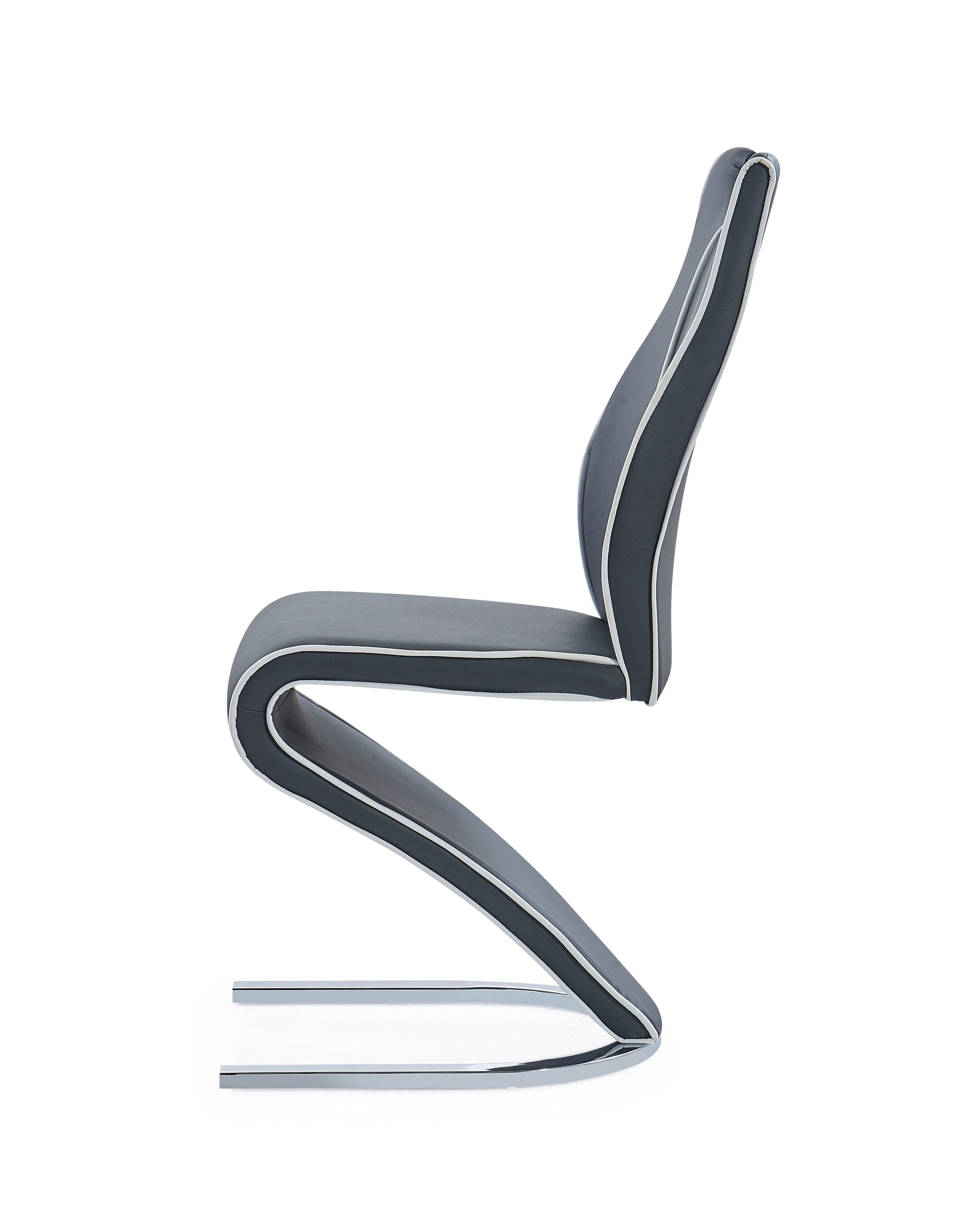 A set of two Couch.com Anne Dining Chairs in dark gray faux leather, featuring a modern, durable design with no armrests and sleek lines, is shown in profile against a white background.