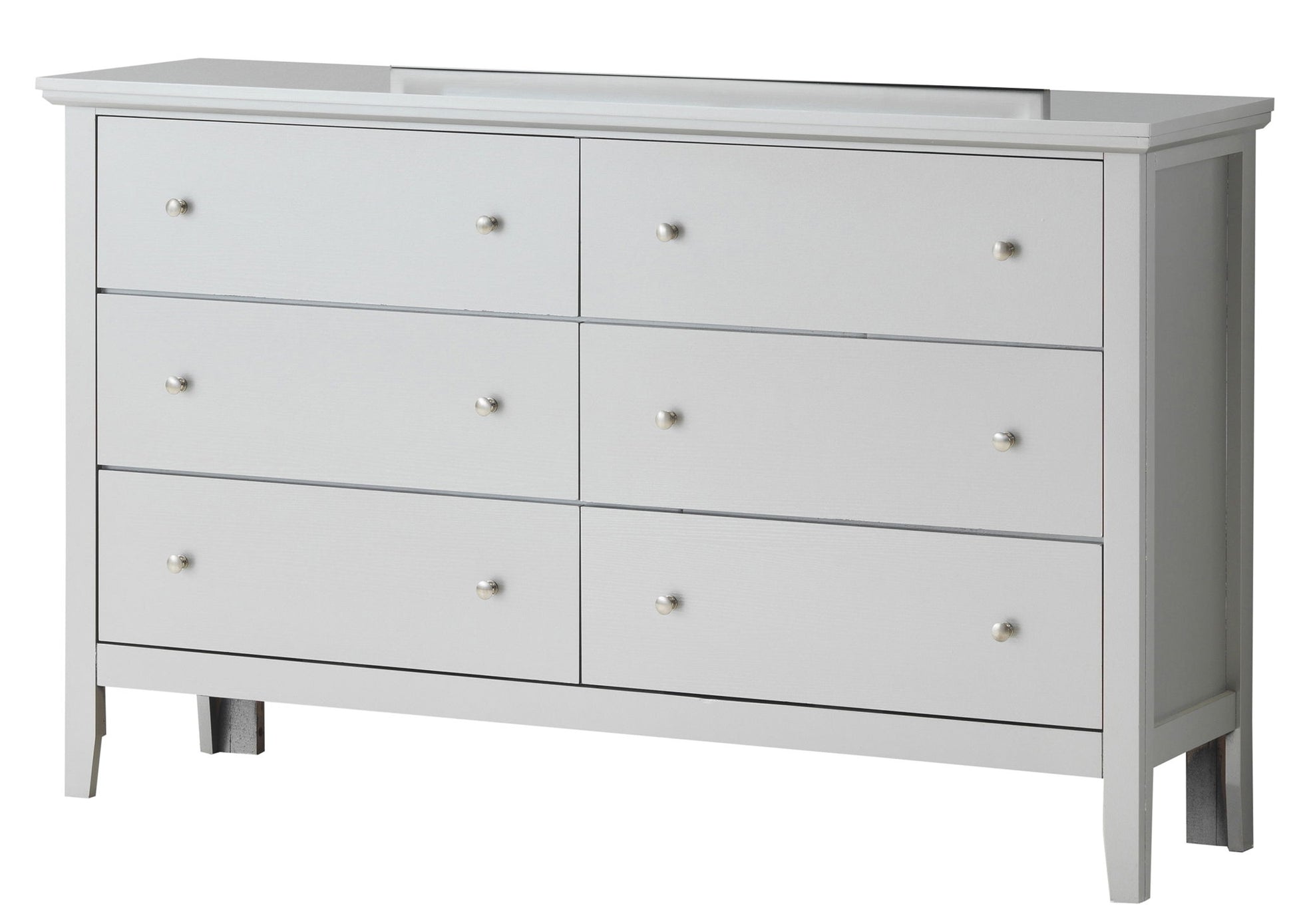 The Primo Dresser is a white wooden piece with six drawers, each with a small round knob. Its simple, clean lines and four-leg design provide an elegant, modern look.