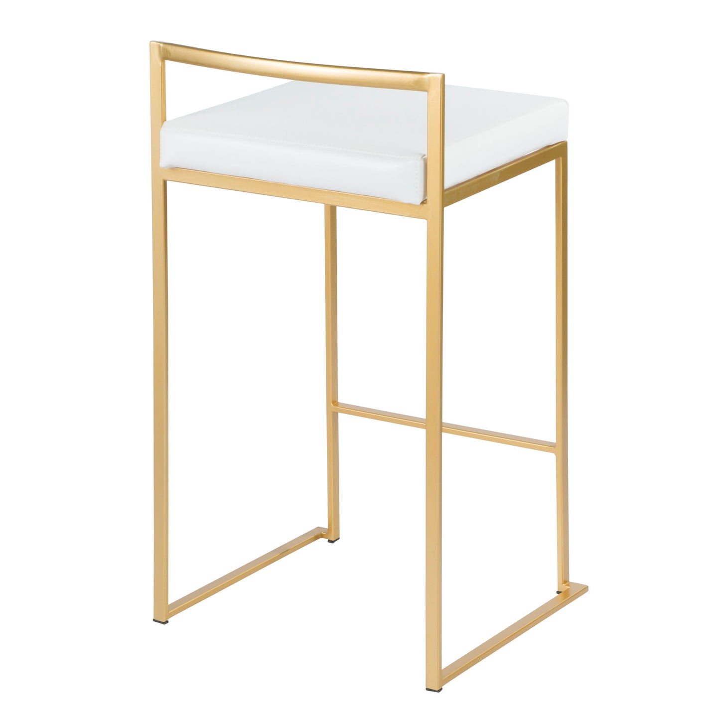 The Fuji Contemporary/Glam Design Counter Stool (Set of 2) features a gold metal frame, rectangular backrest, and white cushioned seat. Its minimalist style showcases clean lines and an open, airy look.