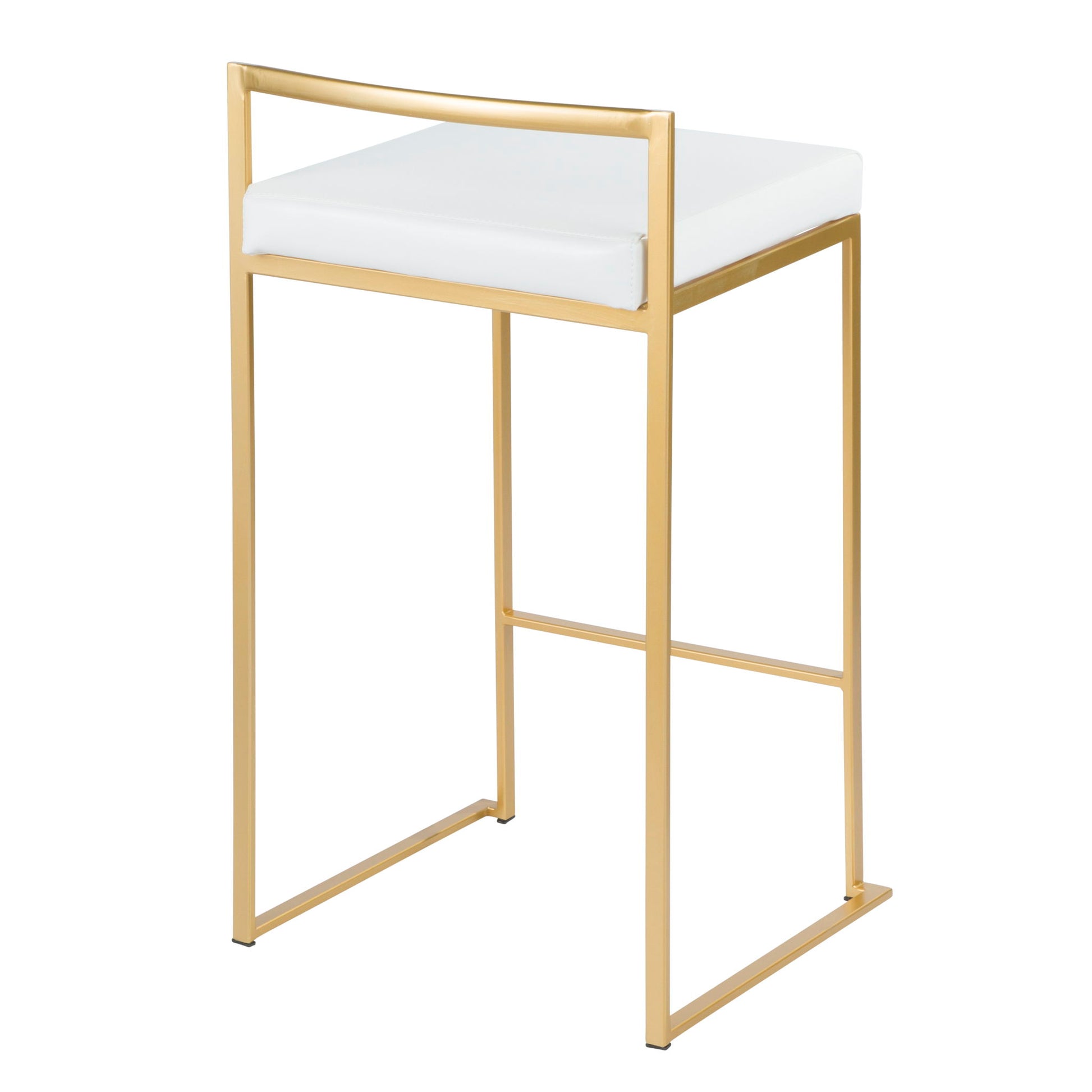 The Fuji Contemporary/Glam Design Counter Stool (Set of 2) features a gold metal frame, rectangular backrest, and white cushioned seat. Its minimalist style showcases clean lines and an open, airy look.