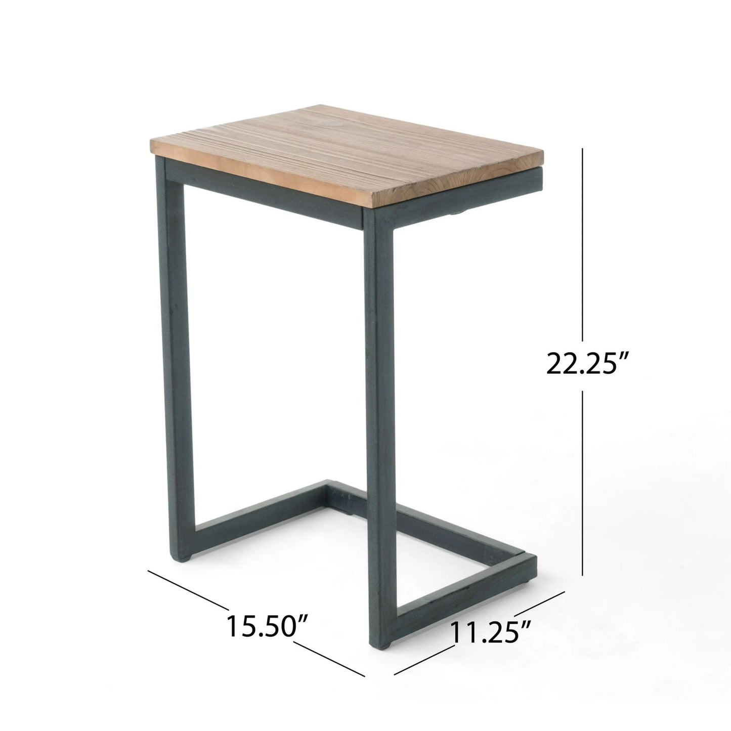 The C Shaped End Table features a fir wood top and iron base, measuring 22.25" high, 15.5" wide, and 11.25" deep—a compact solution with a light wooden surface and sturdy black metal frame.