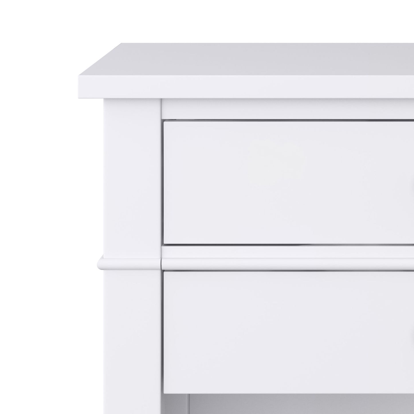 Close-up of the top left corner of the Carlton - Bedside Table, Handcrafted, featuring part of two drawers in a simple, modern white wooden design against a white background.