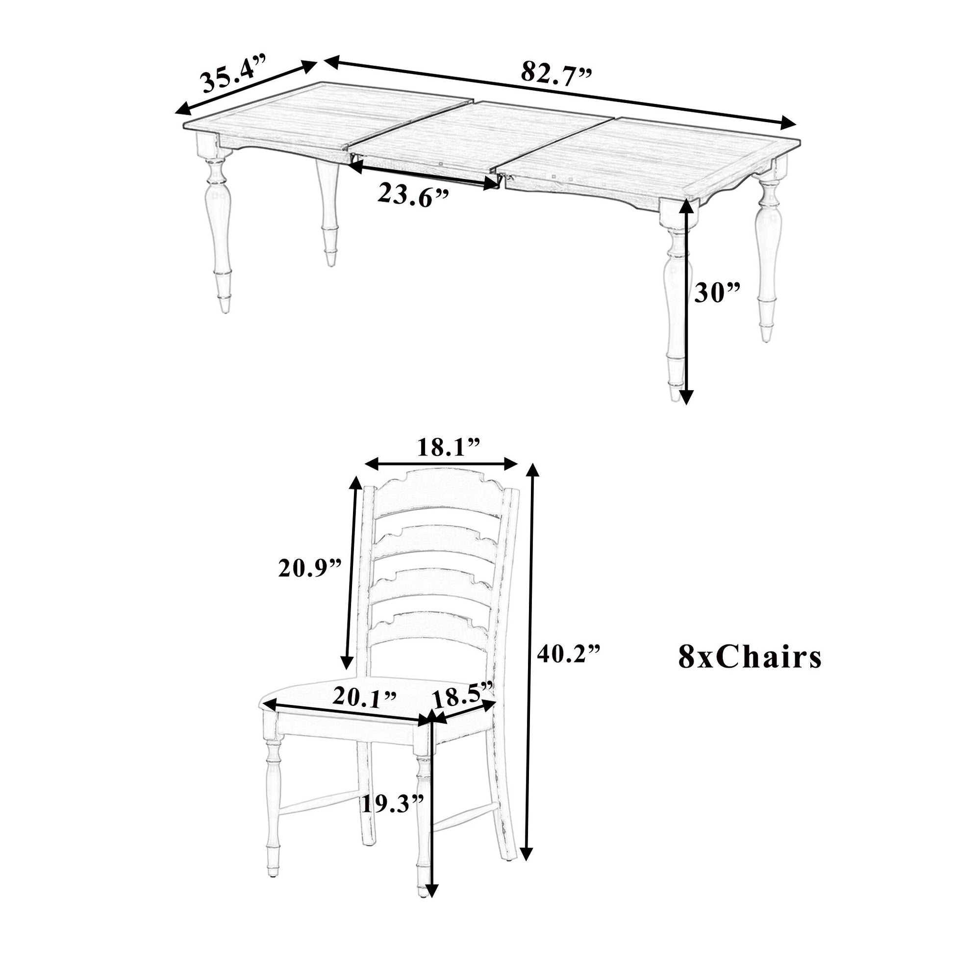 Line drawings show the Topmax - Vintage Traditional Extendable Dining Table Set With Removable Leaf: table measures 82.7"L x 35.4"W x 30"H (with a 23.6" extension); chair is 40.2"H x 20.9"D x18.1"W; includes eight chairs shown.