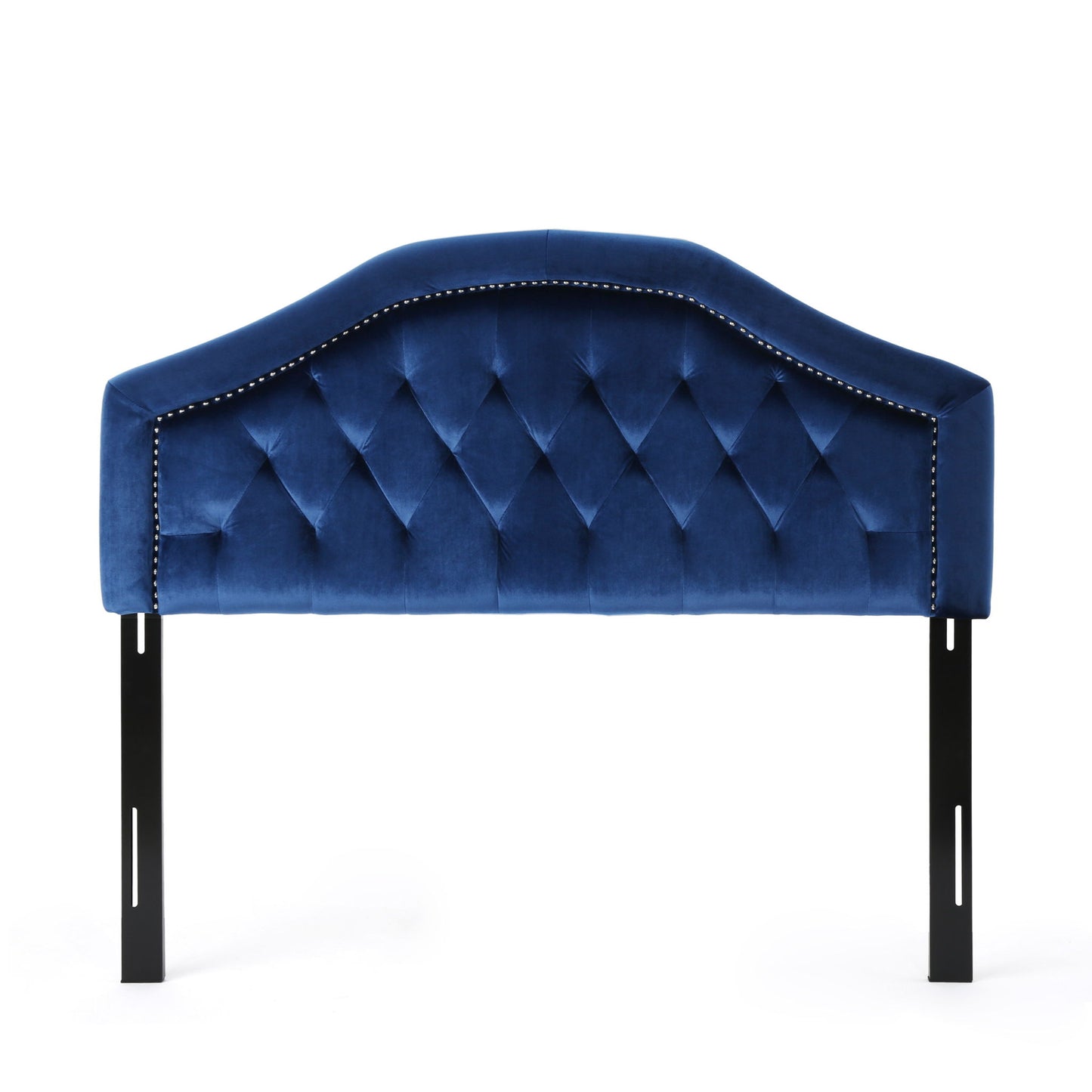 The Kaarina - Contemporary Tufted Fabric Headboard features blue velvet upholstery, a curved top, silver stud accents along the edges, and two black metal support legs.