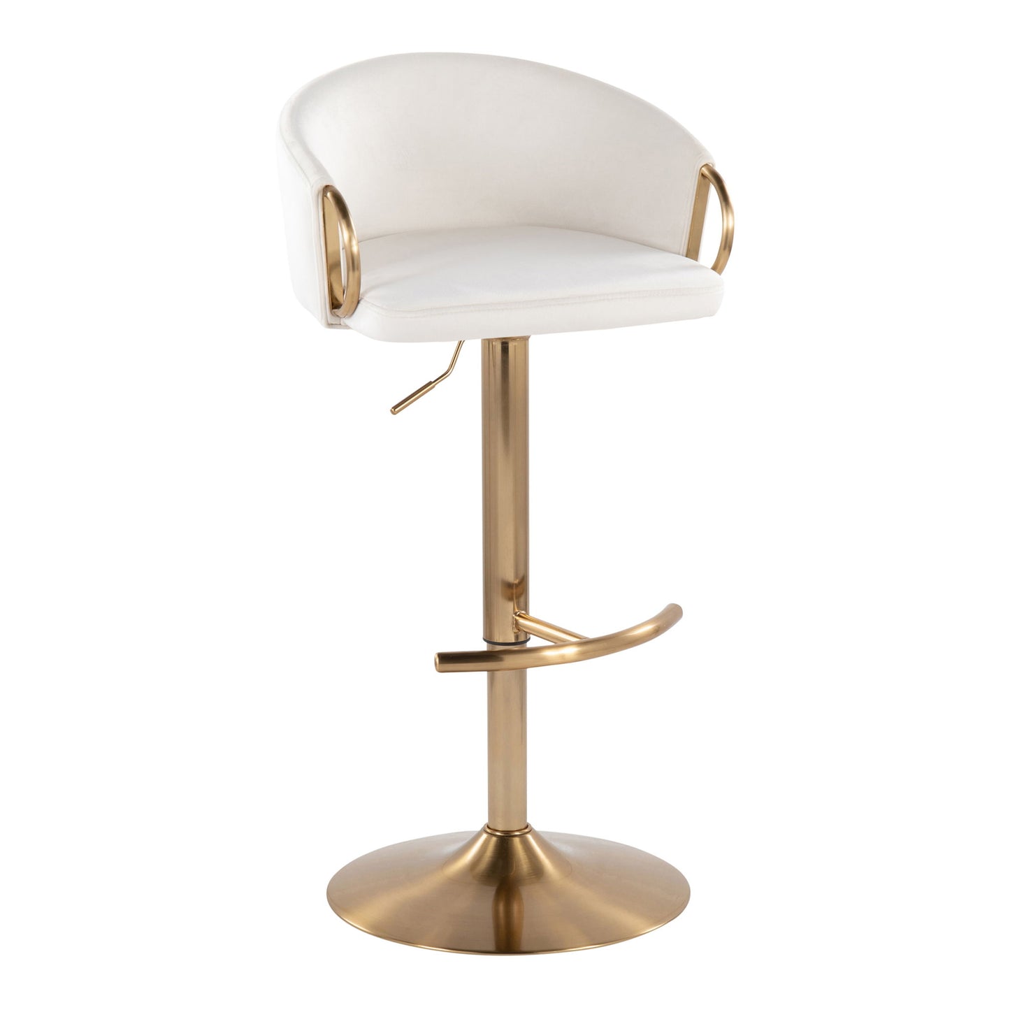 The Claire Contemporary/Glam Adjustable Bar Stool (Set of 2) features a white cushioned seat and back, gold metal armrests, a gold pedestal base with footrest, and an adjustable height lever.