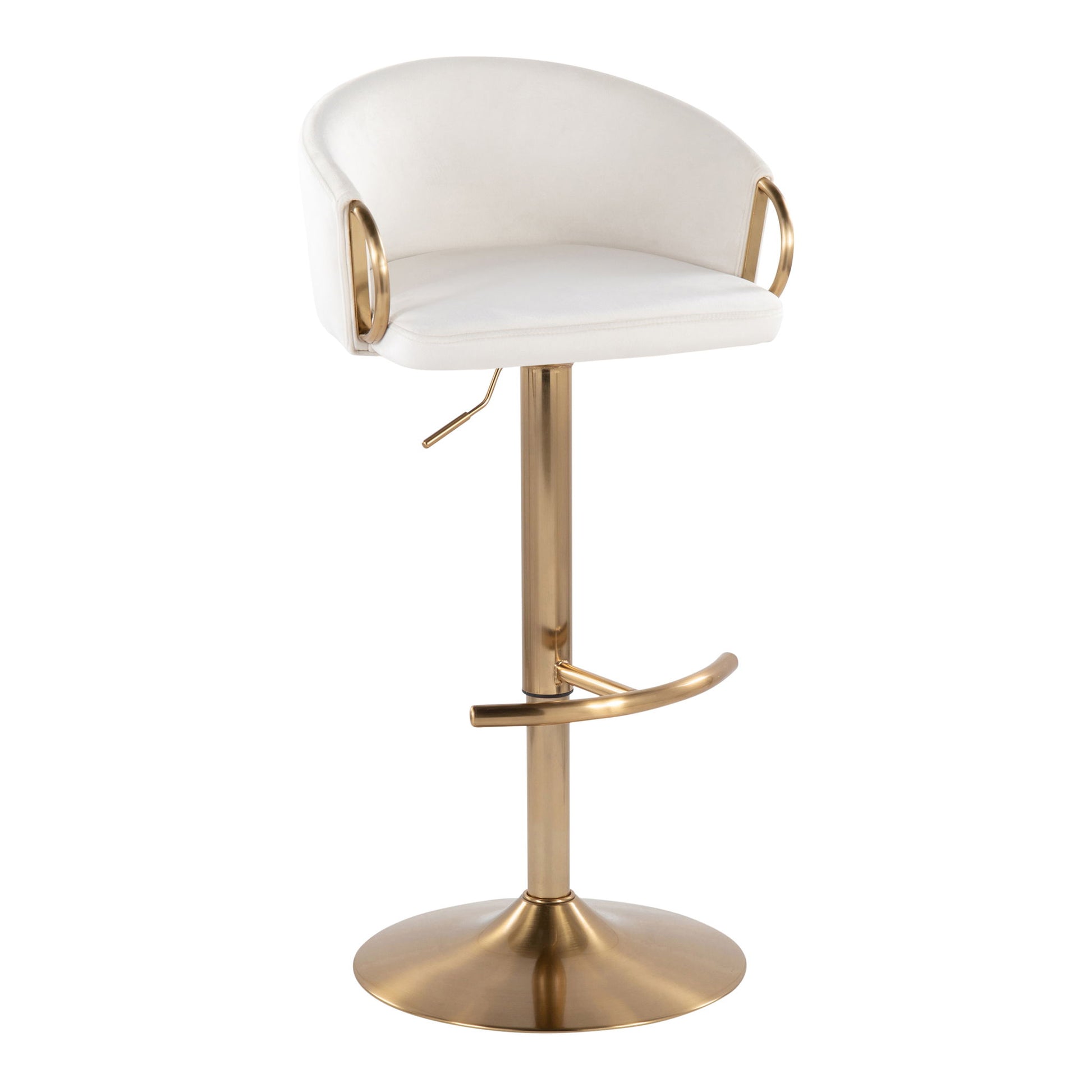 The Claire Contemporary/Glam Adjustable Bar Stool (Set of 2) features a white cushioned seat and back, gold metal armrests, a gold pedestal base with footrest, and an adjustable height lever.
