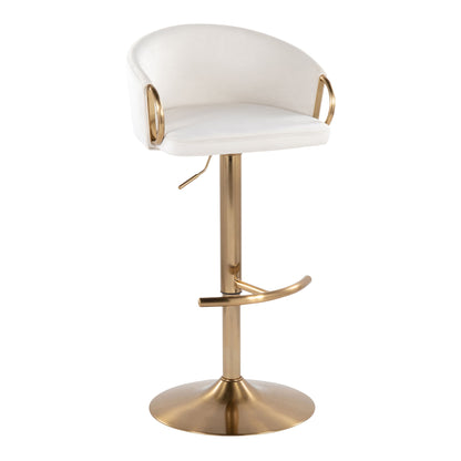The Claire Contemporary/Glam Adjustable Bar Stool (Set of 2) features a white cushioned seat and back, gold metal armrests, a gold pedestal base with footrest, and an adjustable height lever.