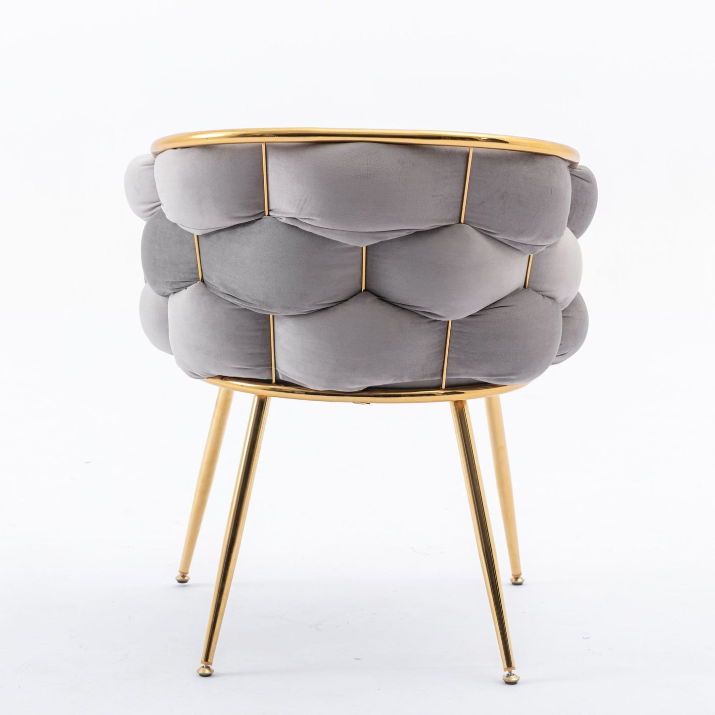 The Luxury Modern Simple Leisure Velvet Single Sofa Chair features gold metal legs, a tufted gray velvet cushioned backrest, and a sleek design—ideal for bedrooms, dressers, or as a manicure table chair.