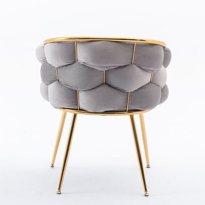 The Luxury Modern Simple Leisure Velvet Single Sofa Chair features gold metal legs, a tufted gray velvet cushioned backrest, and a sleek design—ideal for bedrooms, dressers, or as a manicure table chair.