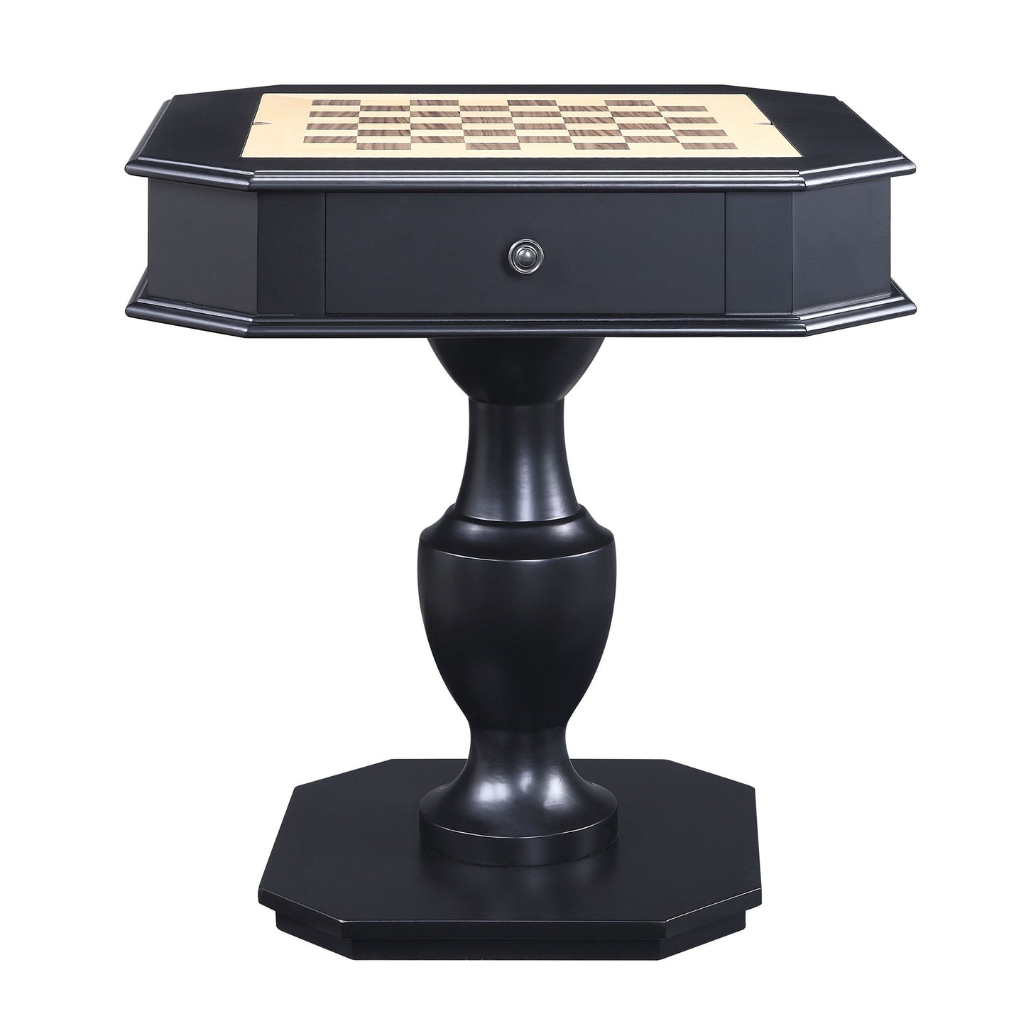 The Galini - Game Table is a black pedestal table with an octagonal base, featuring a built-in chessboard top and a drawer beneath the playing surface.