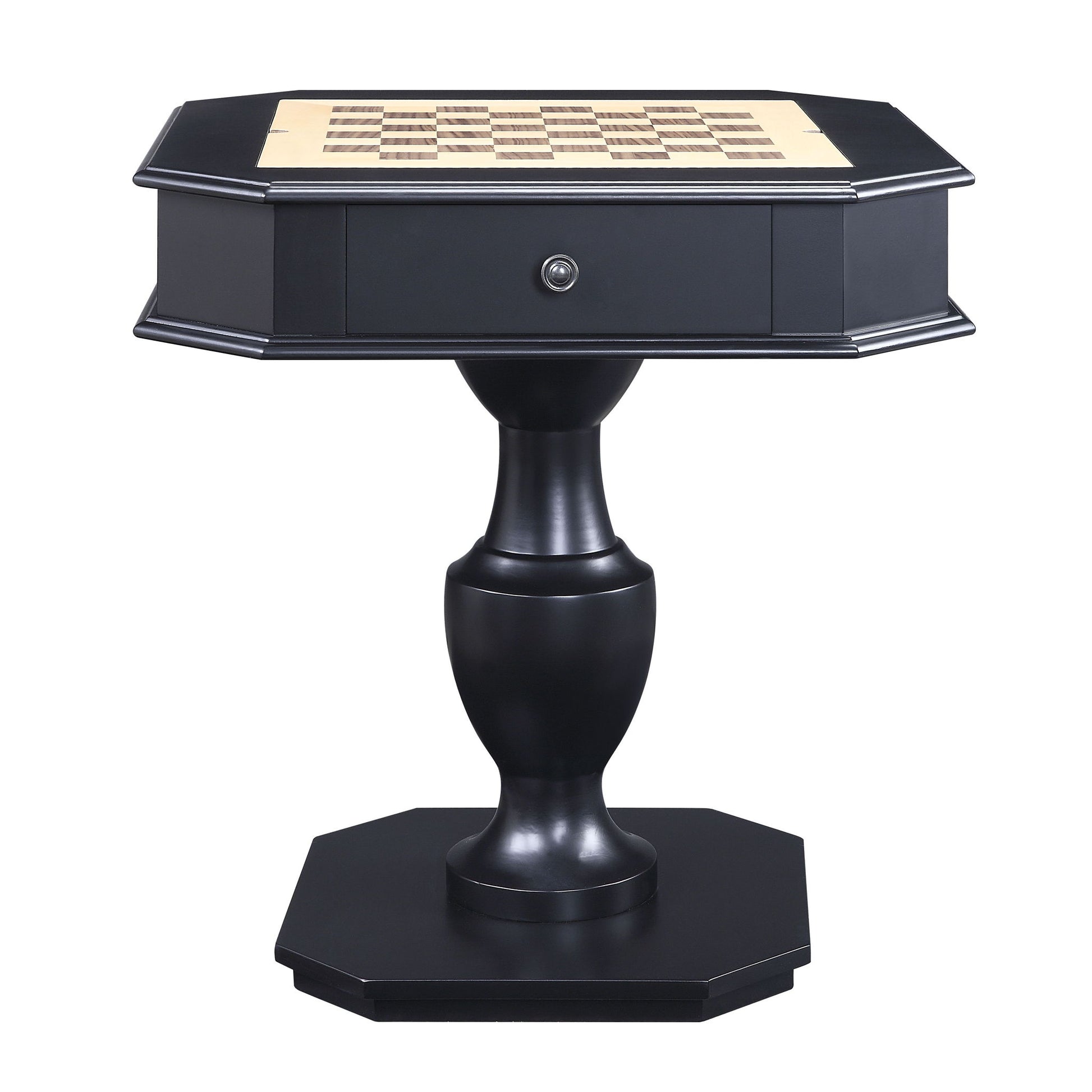 The Galini - Game Table is a black pedestal table with an octagonal base, featuring a built-in chessboard top and a drawer beneath the playing surface.