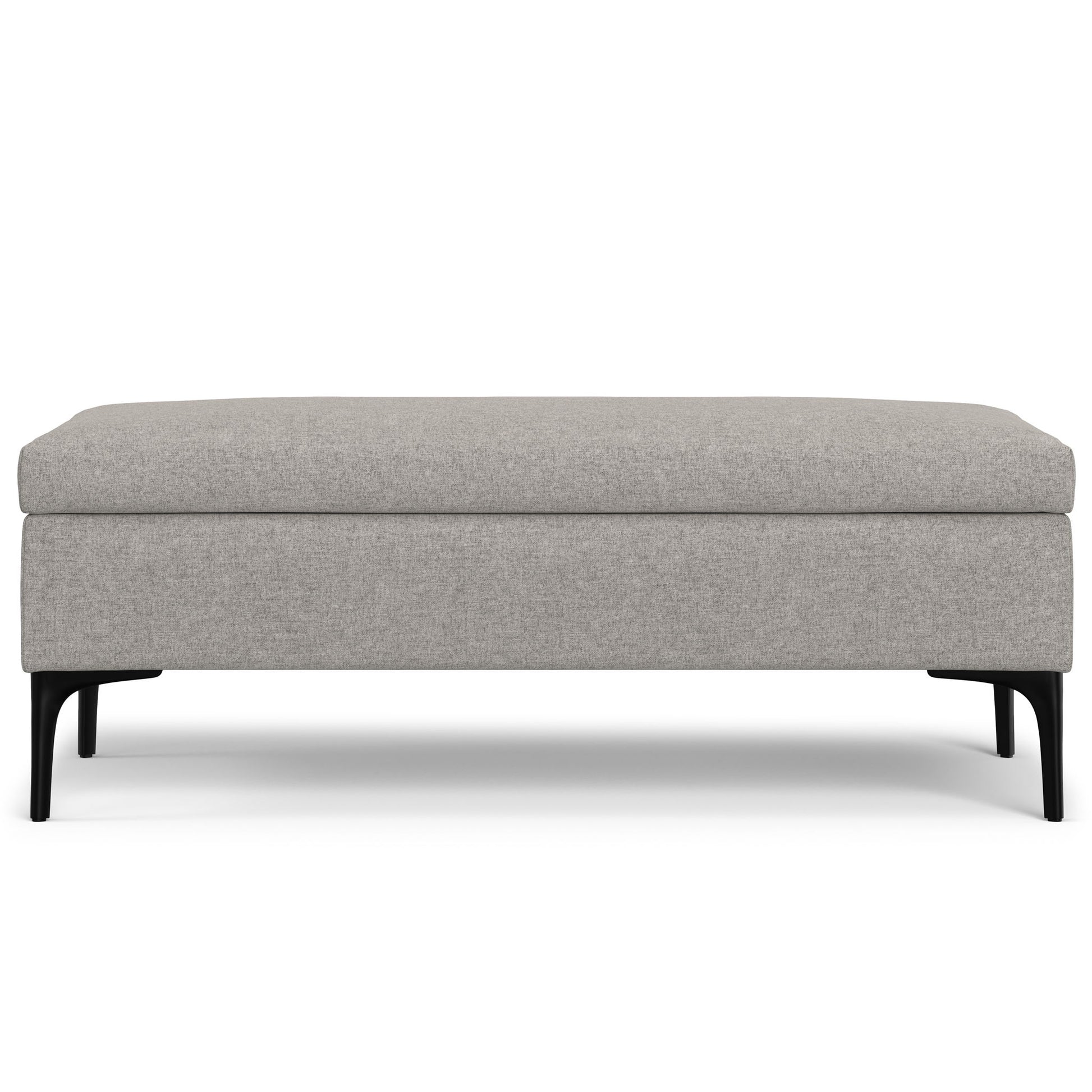 The Rebecca is a rectangular, multifunctional coffee table storage ottoman with light gray upholstery and four black, slightly angled legs, shown from the front against a white background.