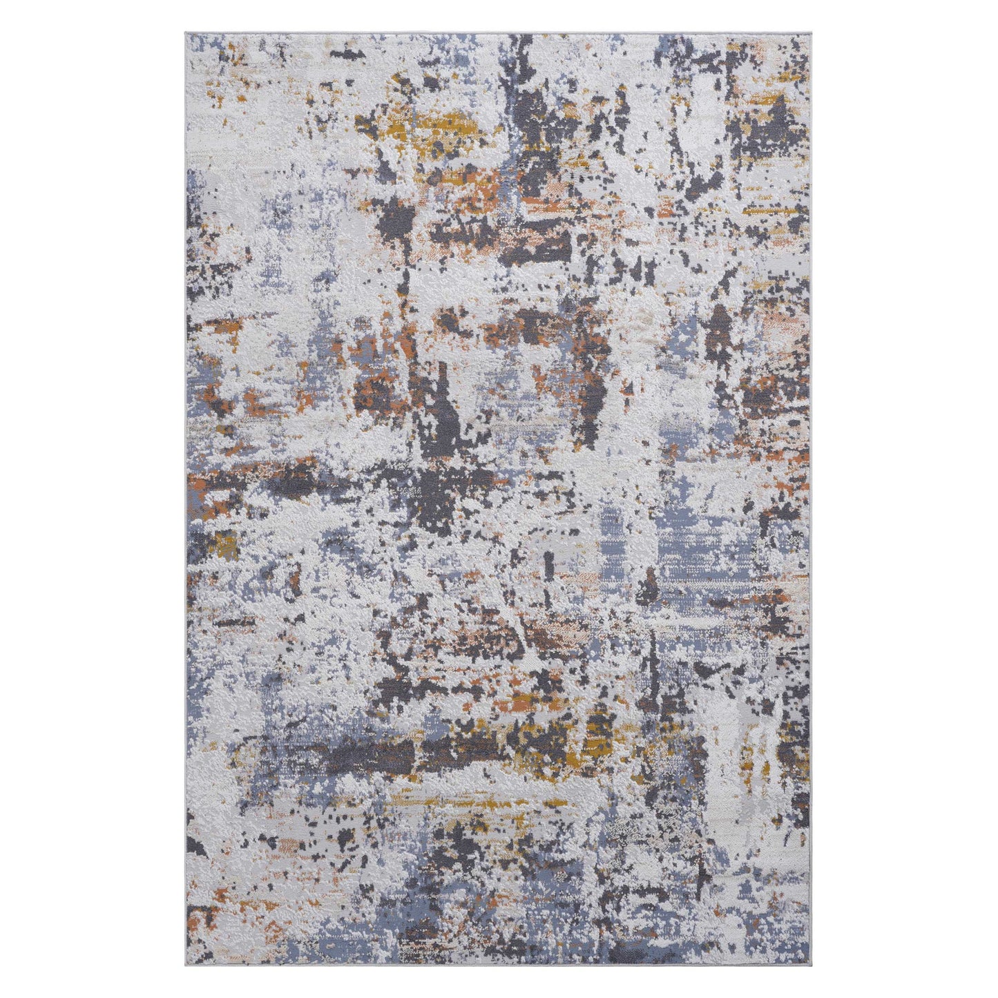 The Payas Abstract Area Rug features a distressed, textured pattern in gray, blue, yellow, and orange on a light background.