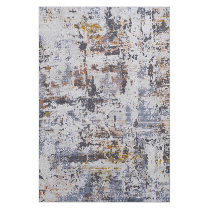 The Payas Abstract Area Rug features a distressed, textured pattern in gray, blue, yellow, and orange on a light background.