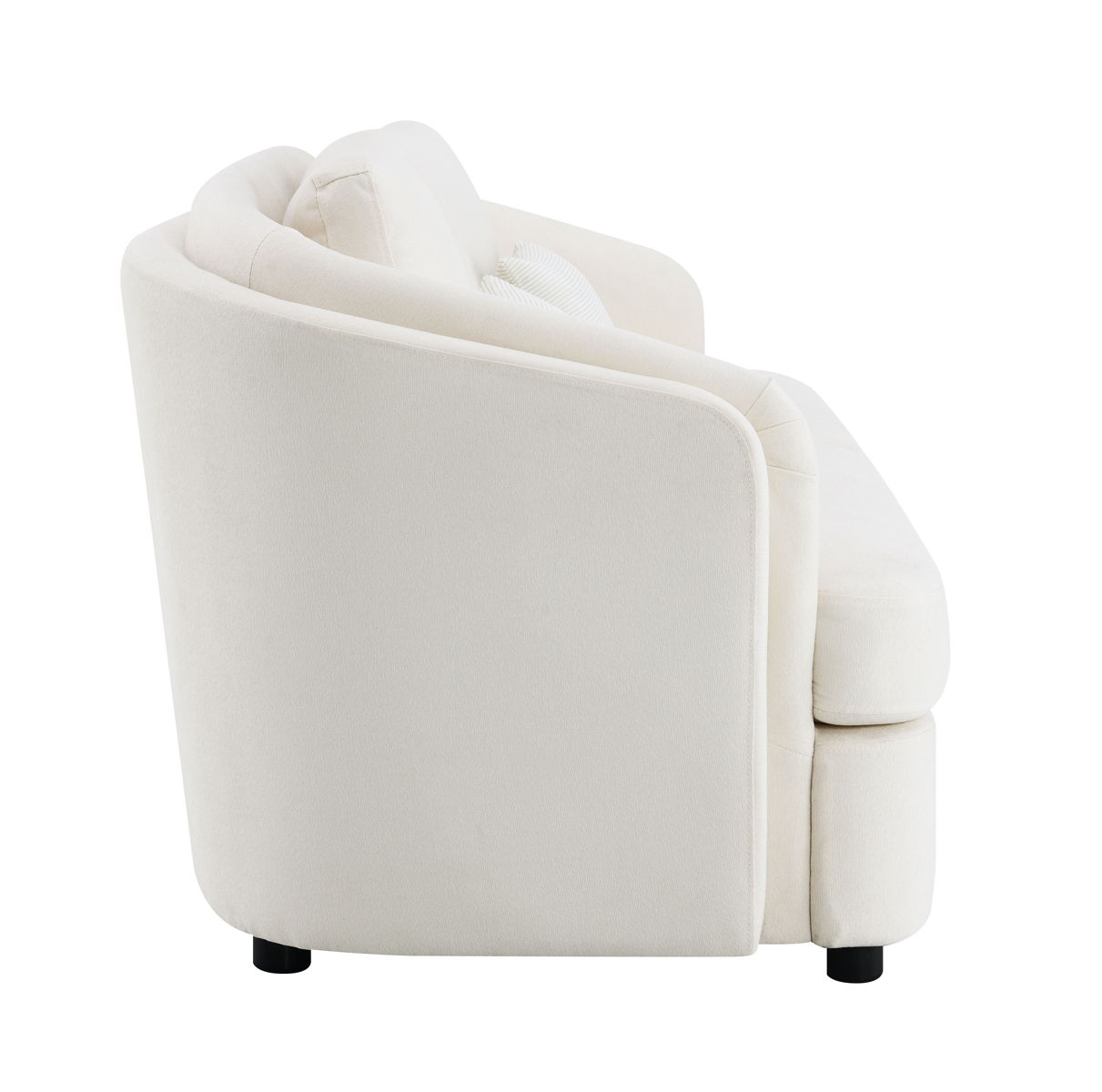 Side view of the Mariko Linen Sofa in beige, featuring plush upholstery, rounded edges, two toss pillows, and short black legs, shown against a plain white background.