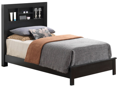 The Bed With Transitional Design Stylish features a black wooden frame, headboard shelves for decor and toiletries, and is neatly made with gray bedding, pillows, and a brown throw blanket.