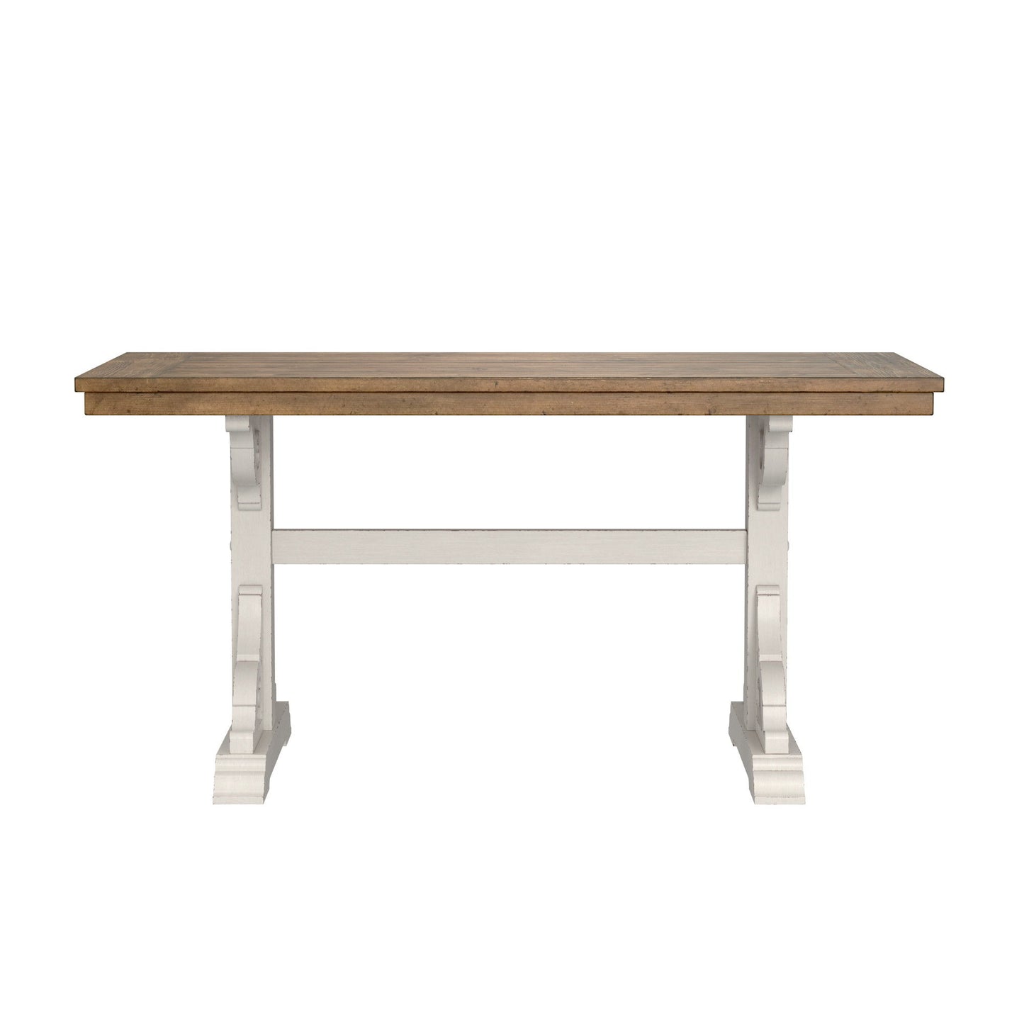 The Haidel - Trestle Dining Table is a rectangular wooden dining table with a light brown top, white trestle-style legs, decorative brackets, and a horizontal support bar.