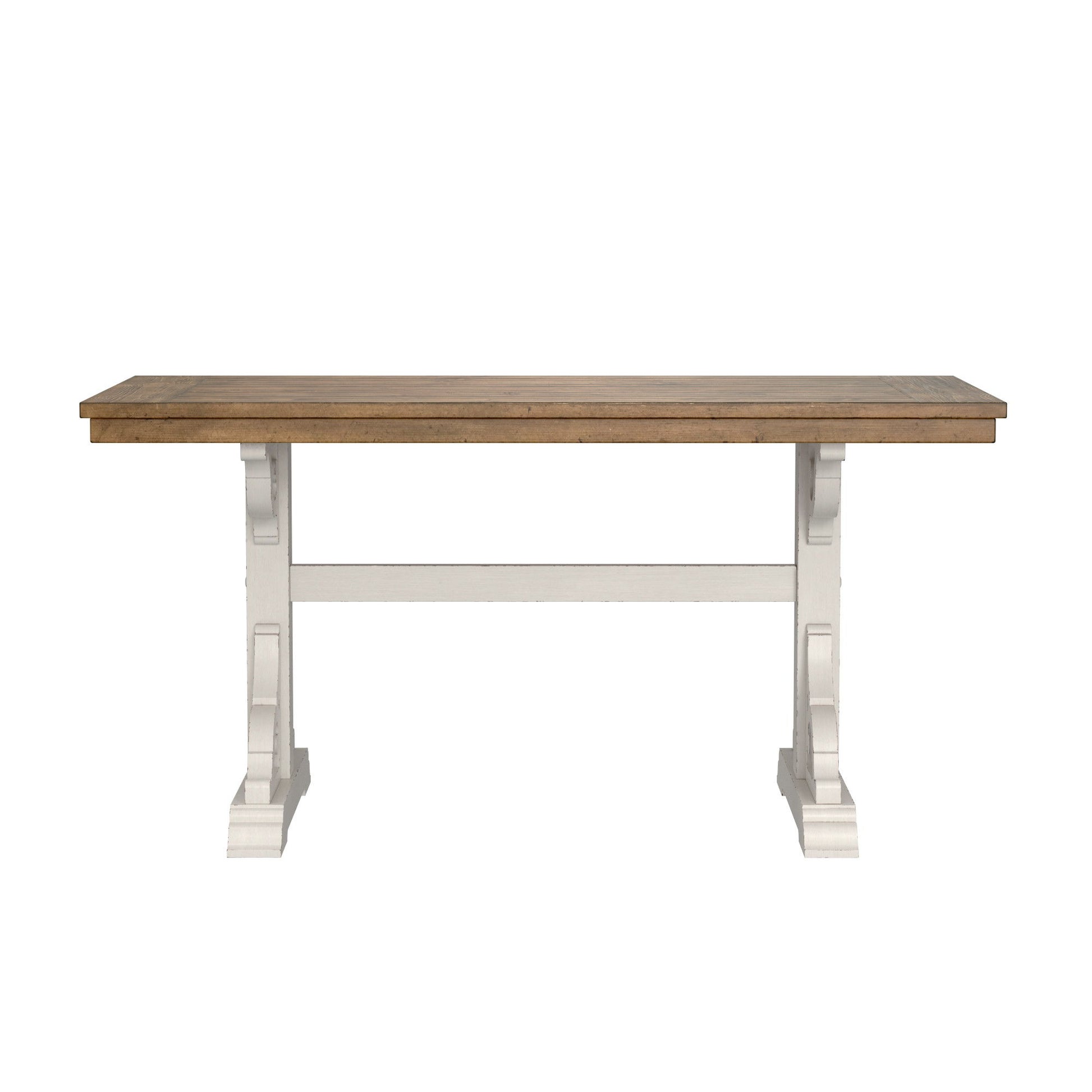 The Haidel - Trestle Dining Table is a rectangular wooden dining table with a light brown top, white trestle-style legs, decorative brackets, and a horizontal support bar.