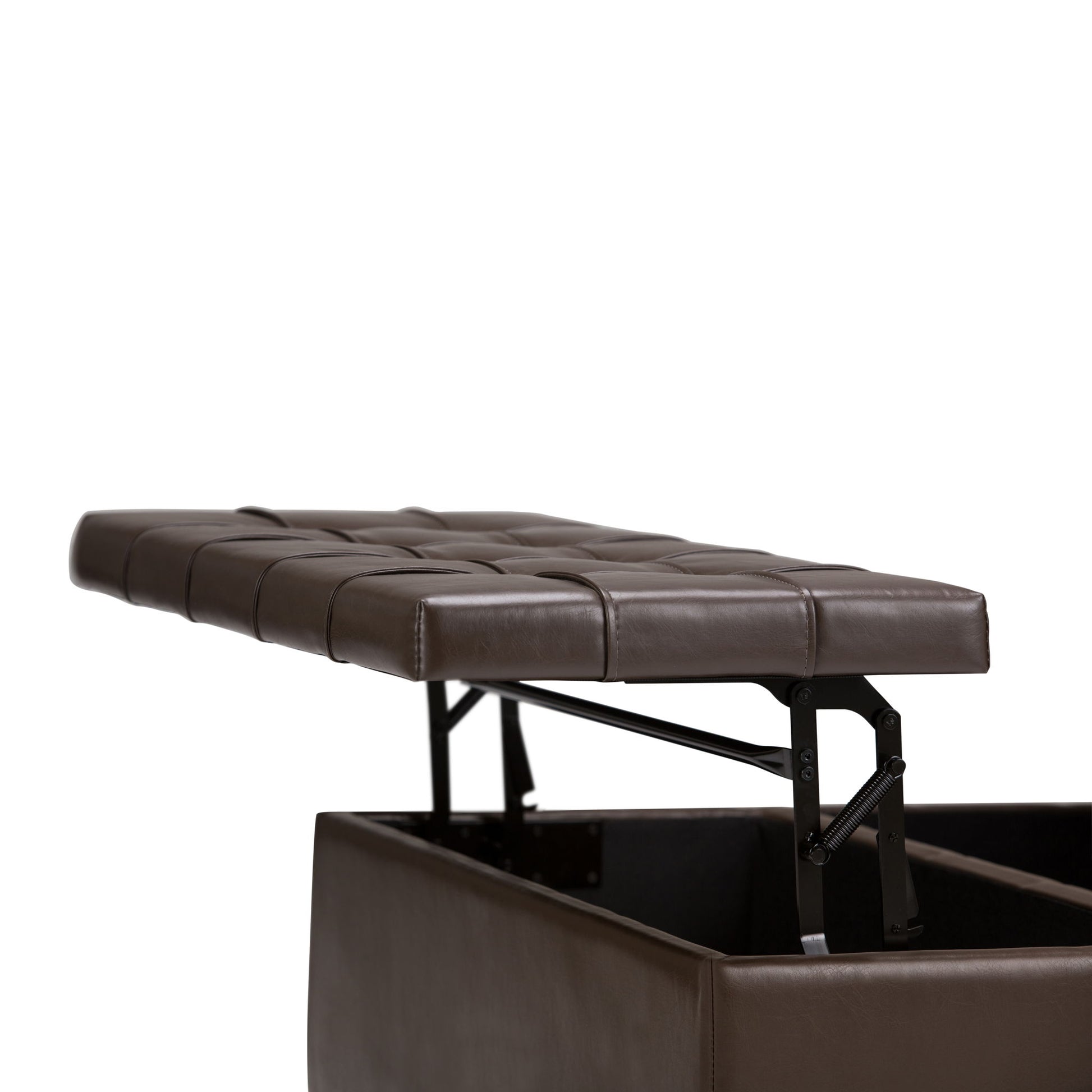 The Harrison Upholstered Coffee Table Storage Ottoman, shown in brown leather with a tufted, cushioned lid lifted to reveal interior storage and metal hinges, is displayed against a white background.