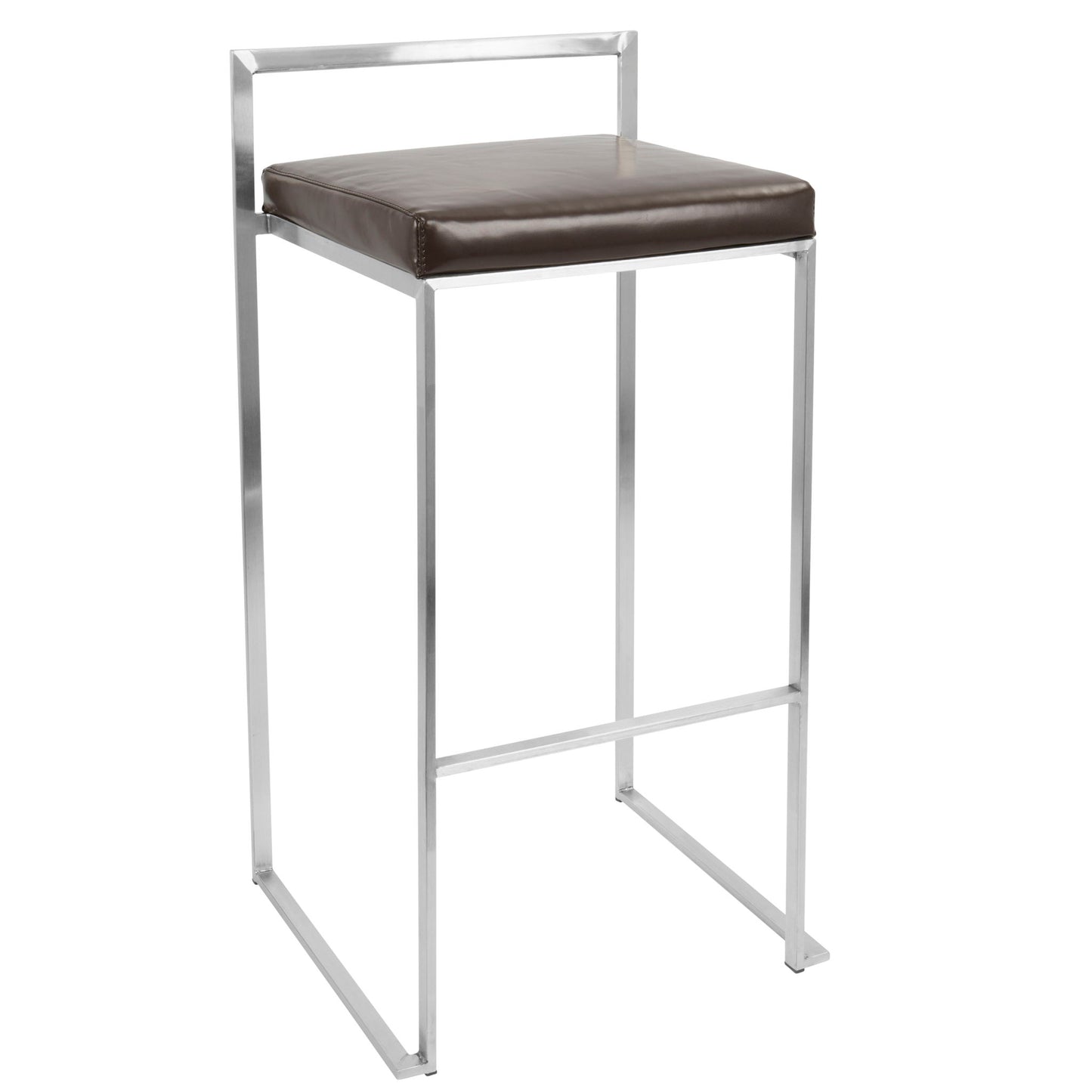 The Fuji - Contemporary Stackable Design Barstool features a minimalist metal frame with square legs, a brown cushioned seat, no armrests, and a sleek geometric look.