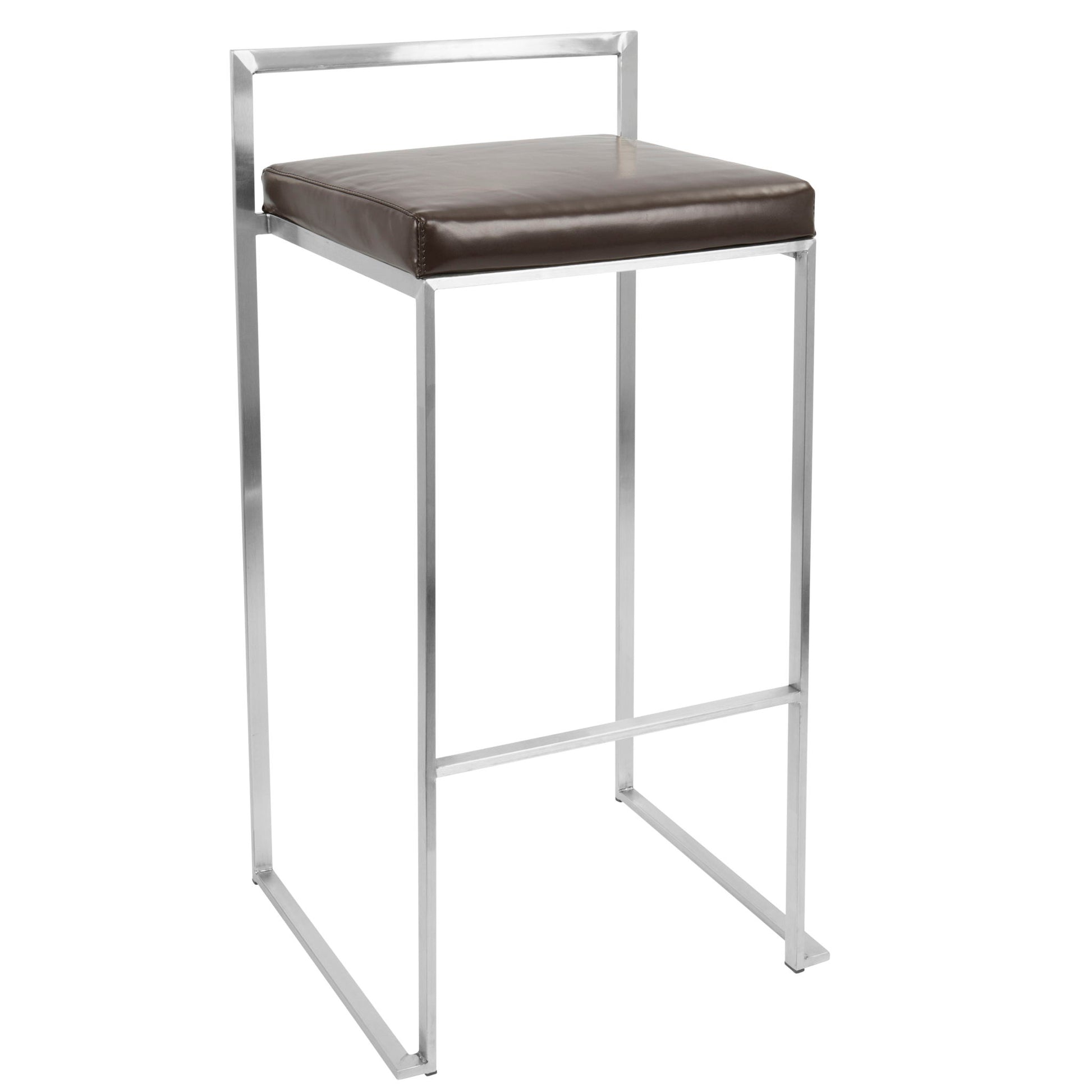 The Fuji - Contemporary Stackable Design Barstool features a minimalist metal frame with square legs, a brown cushioned seat, no armrests, and a sleek geometric look.