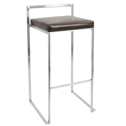 The Fuji - Contemporary Stackable Design Barstool features a minimalist metal frame with square legs, a brown cushioned seat, no armrests, and a sleek geometric look.