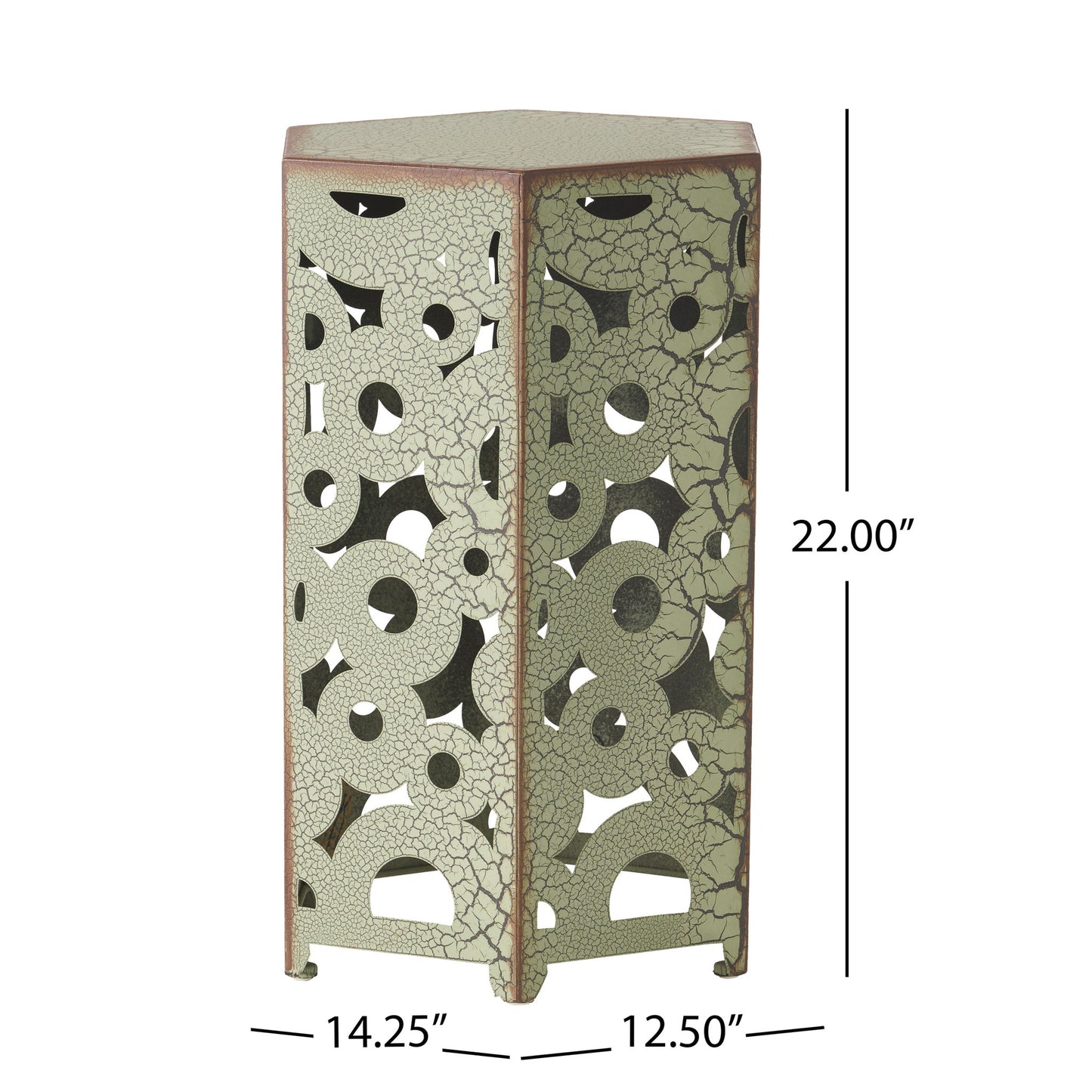 The Selva - Accent Table Set includes a pentagonal metal table with a cracked, distressed green finish and circular/geometric cutouts. It measures 22"H x 14.25"W x 12.5"D.