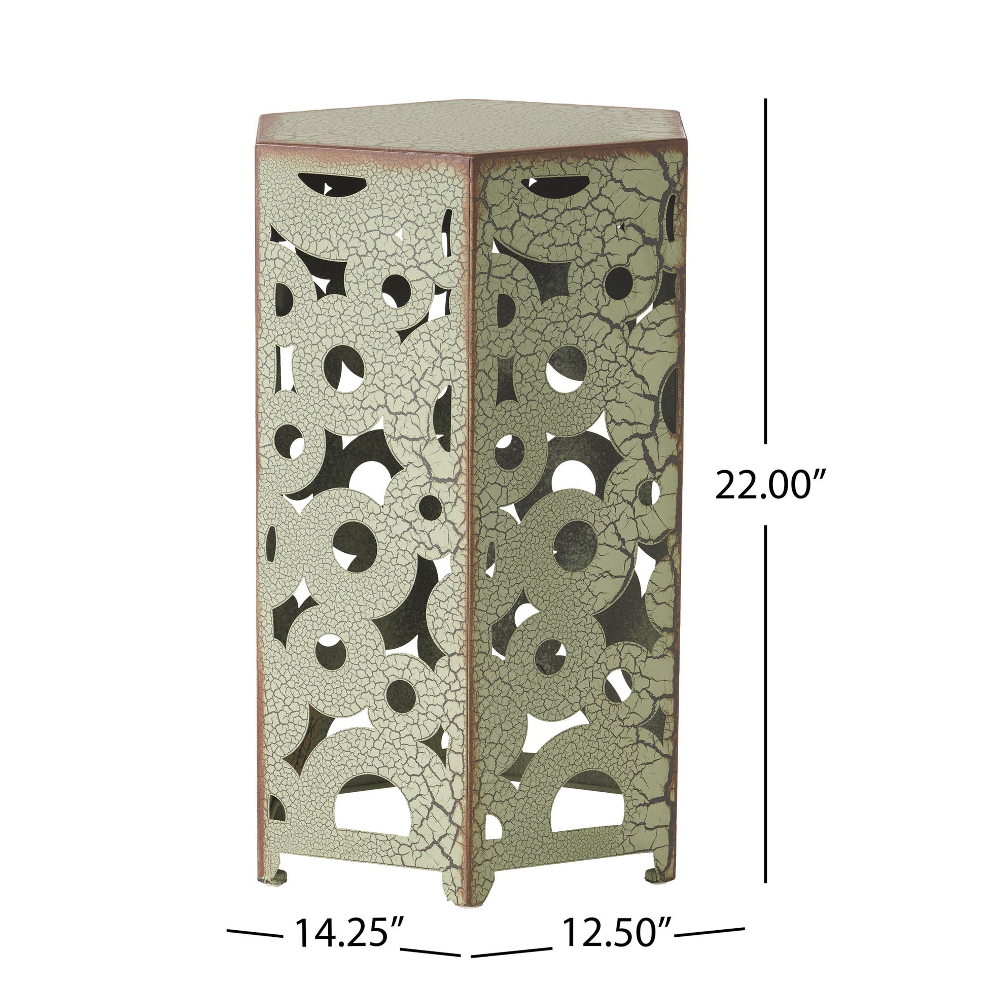 The Selva - Accent Table Set includes a pentagonal metal table with a cracked, distressed green finish and circular/geometric cutouts. It measures 22"H x 14.25"W x 12.5"D.