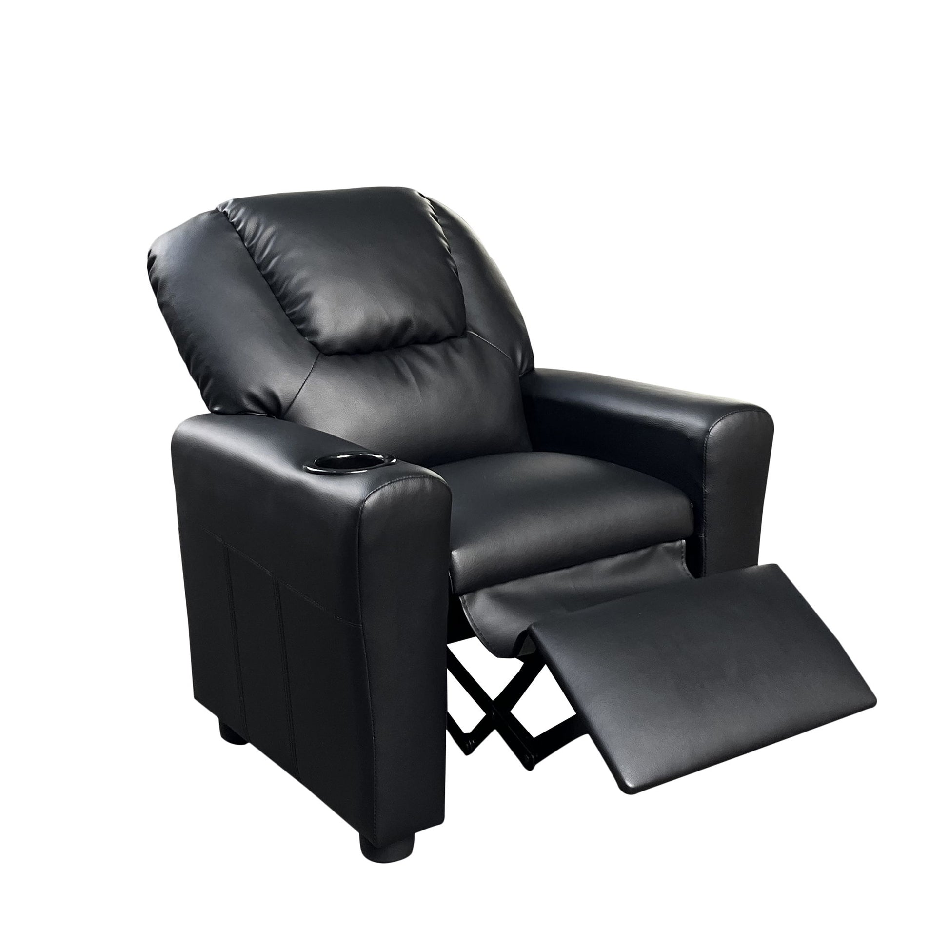The Marisa - PU Leather Kids Recliner Chair features a modern black design with padded armrests, an extendable footrest, and a convenient cup holder for relaxation and comfort.