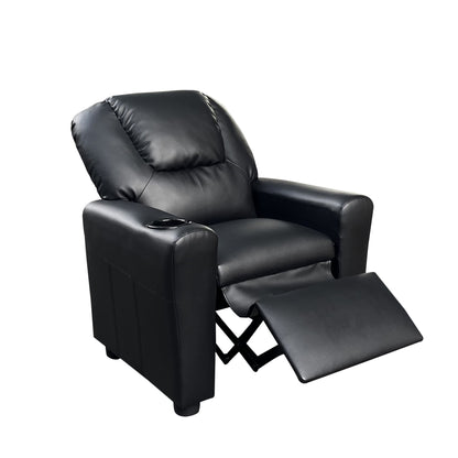 The Marisa - PU Leather Kids Recliner Chair features a modern black design with padded armrests, an extendable footrest, and a convenient cup holder for relaxation and comfort.
