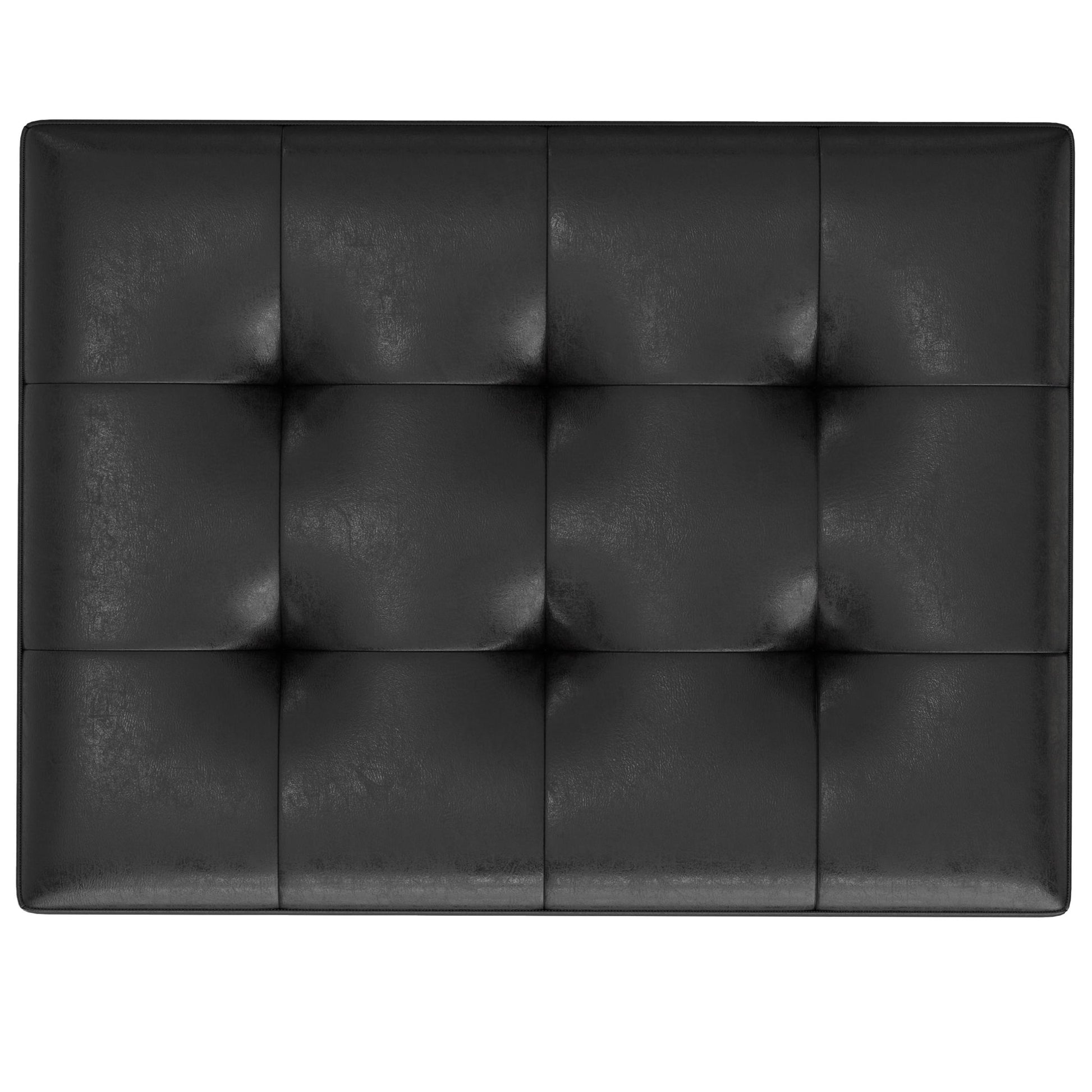 The Shay Large Square Coffee Table Storage Ottoman in mid-century style features a black tufted leather cushion with twelve padded sections and deep button details, shown from above on a white background.