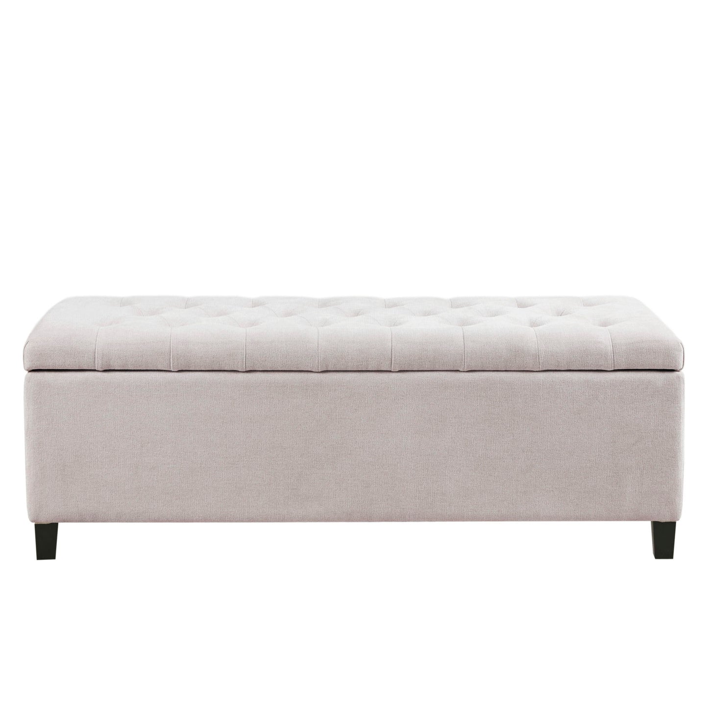 The Elegant Design Tufted Top, Soft Close Storage Bench is rectangular with light gray upholstery, a tufted top, and short black legs, shown against a white background.