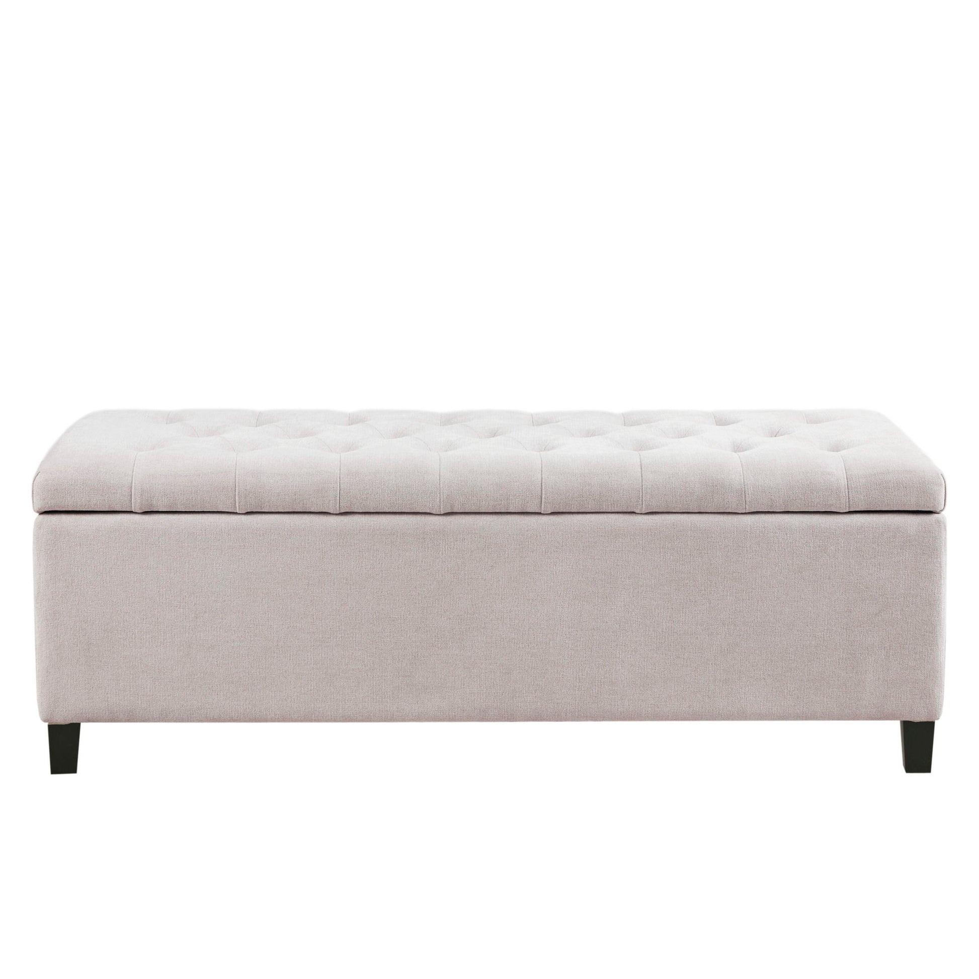 The Elegant Design Tufted Top, Soft Close Storage Bench is rectangular with light gray upholstery, a tufted top, and short black legs, shown against a white background.