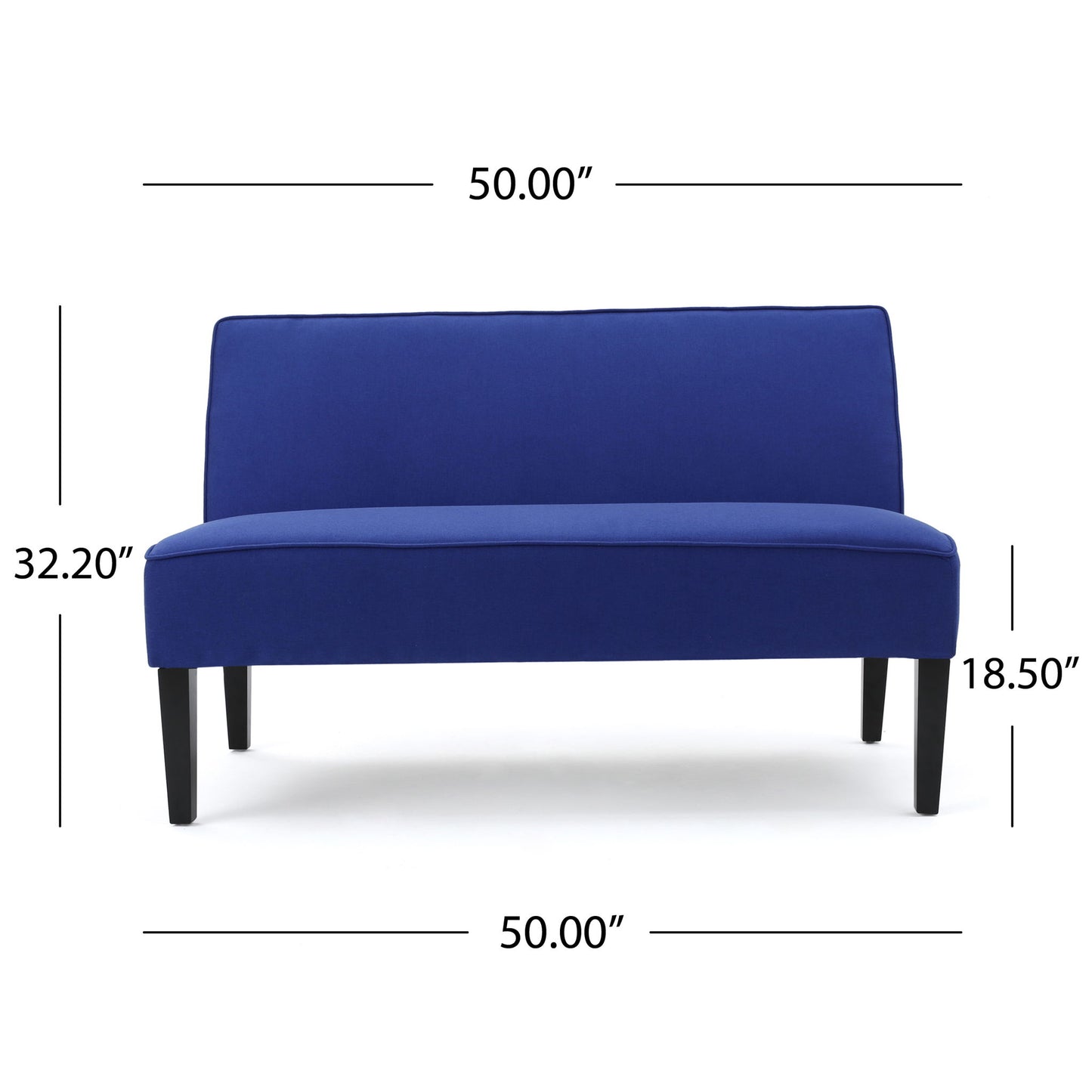 The Contemporary Loveseat with upholstered fabric features a blue, armless design with black birch wood legs. It measures 50" wide, 32.2" high, and has an 18.5" seat height. Dimensions are shown with black lines and numbers.