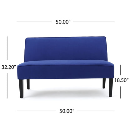 The Contemporary Loveseat with upholstered fabric features a blue, armless design with black birch wood legs. It measures 50" wide, 32.2" high, and has an 18.5" seat height. Dimensions are shown with black lines and numbers.