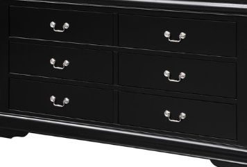 The Louis Philippe Bedroom Dresser features a sleek black wooden design with six drawers, each adorned with two silver handles, and stands on short legs.