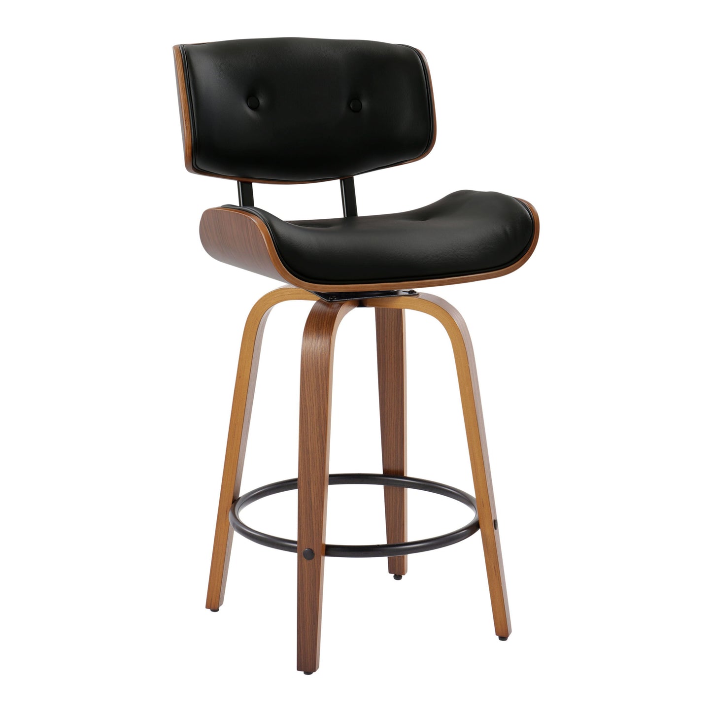 The Lombardi Mid-Century Modern Fixed Height Counter Stool Set of 2 showcases a curved wooden frame, cushioned black seat and backrest, circular metal footrest, and angled legs.